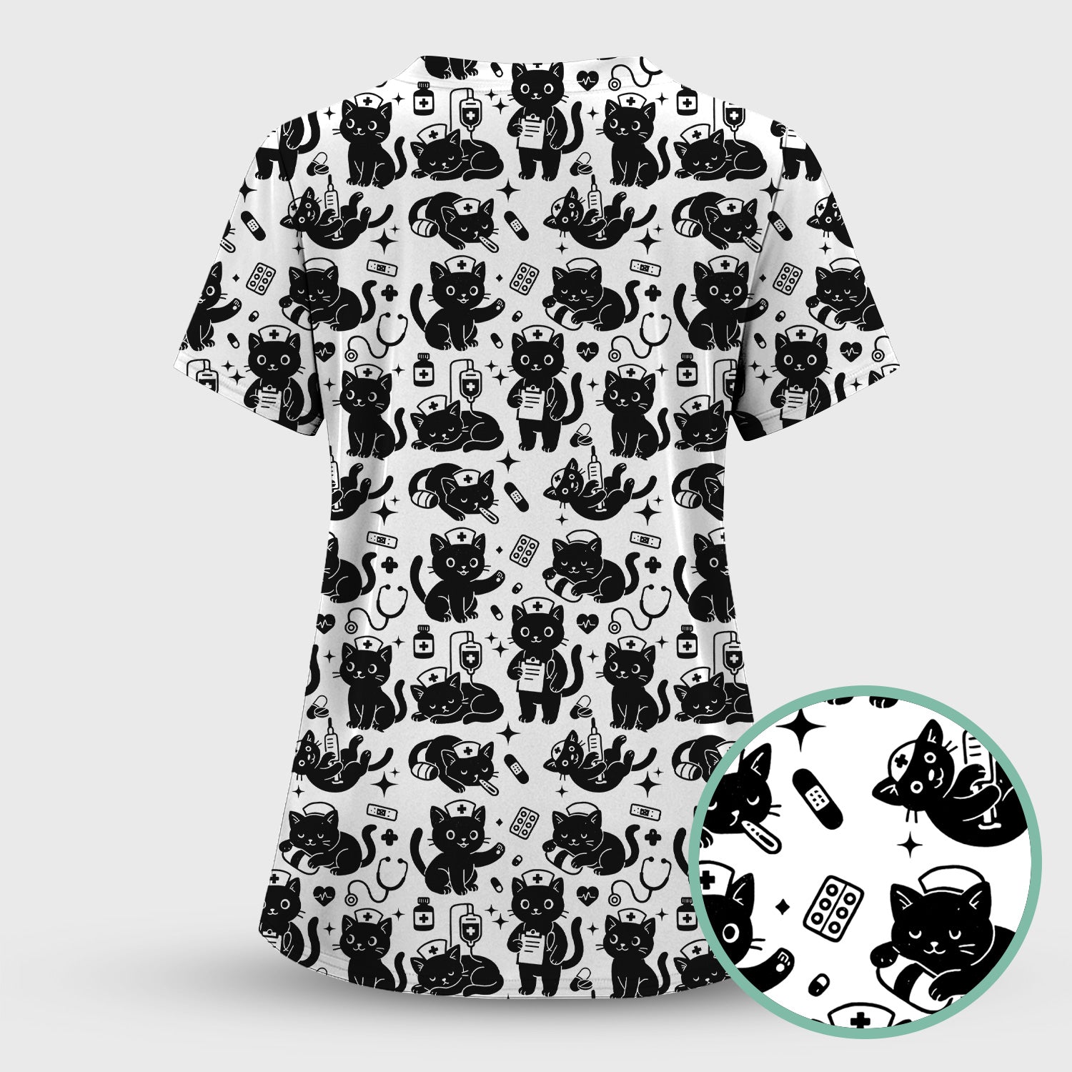 Cute Black Cat Nurse Pattern Scrub Top, Breathable Fabrics Nursing Uniform