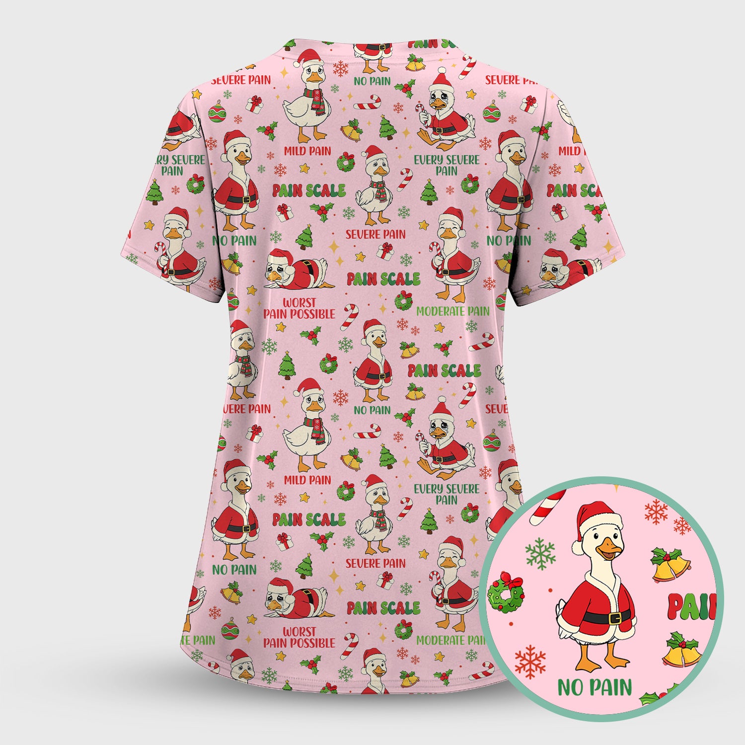 Funny Goose Christmas Scrub Top - Pain Scale Nurse Pattern Shirt - Cute Holiday Medical Scrubs for Women