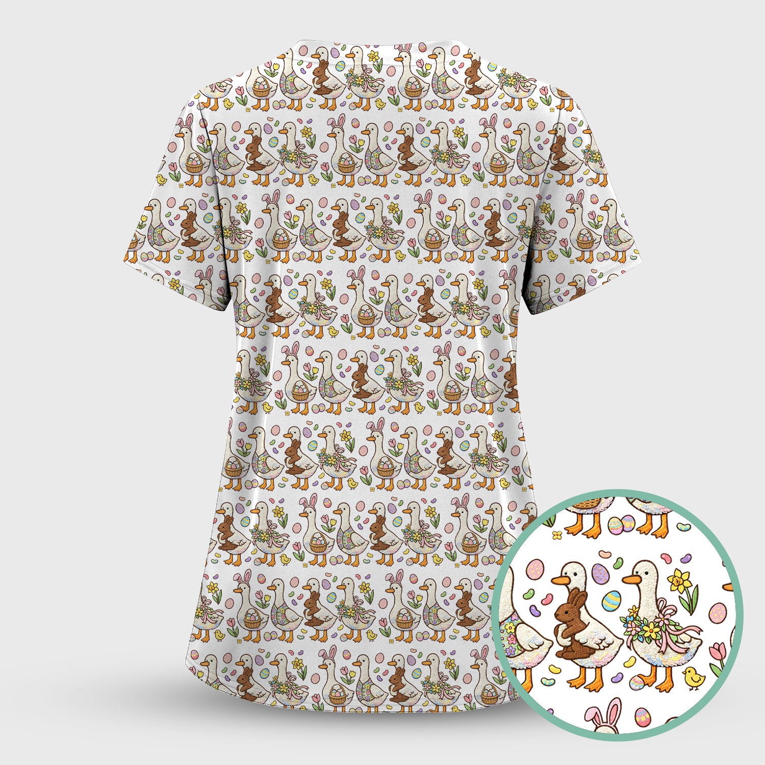 Easter Theme Duck and Bunny Egg Floral Print Scrub Top, Comfortable Scrubs for Nurses