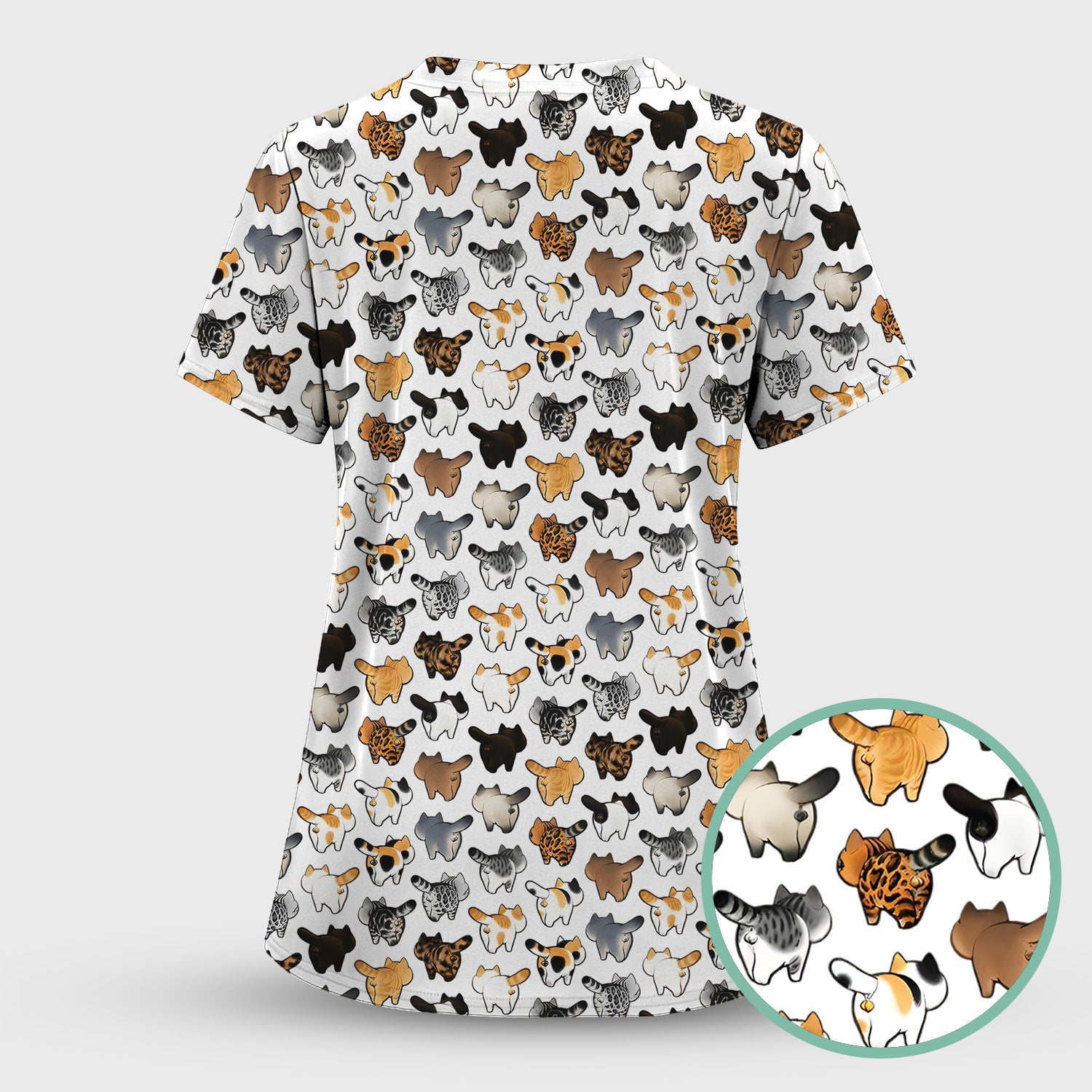 Cat Butt Pattern Medical Scrub Top, Breathable Fabrics Nursing Uniform