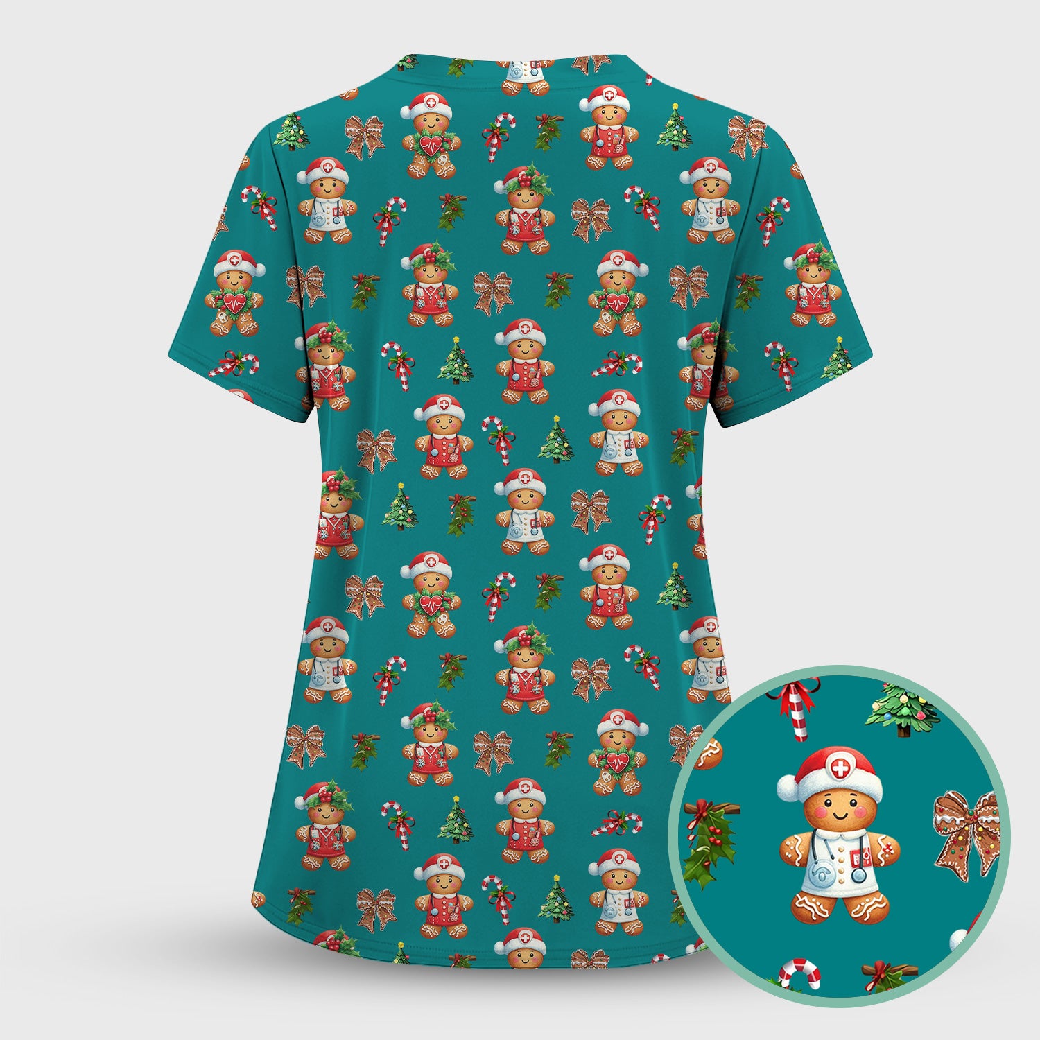 Funny Christmas Scrub Top for Nurse - Adorable Gingerbread Candy Cane Bow- Festive Medical Uniform for Women