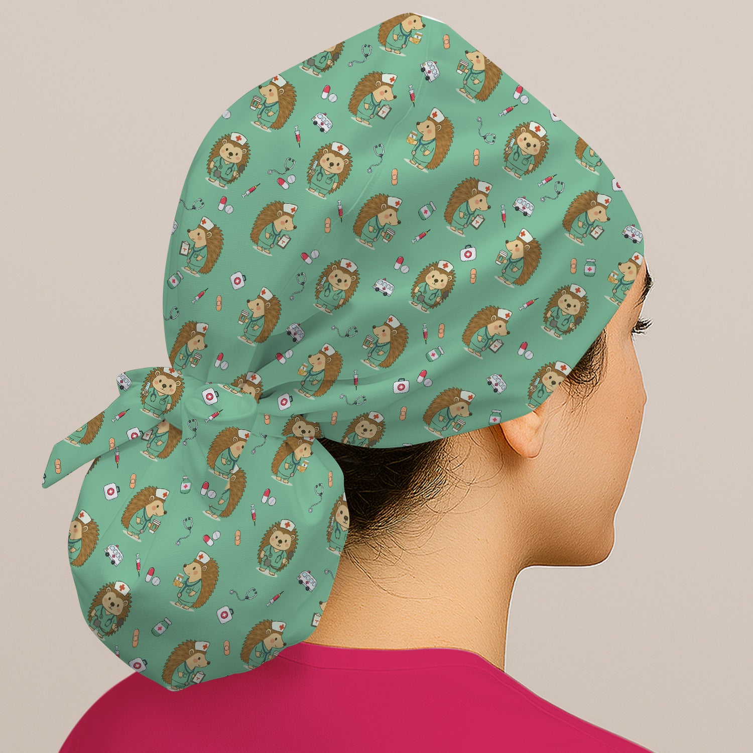 Cute Nurse Animal Scrub Cap - Cute Hedgehog with Coffee & Stethoscope Design - Gift for Healthcare Workers & Vet Techs