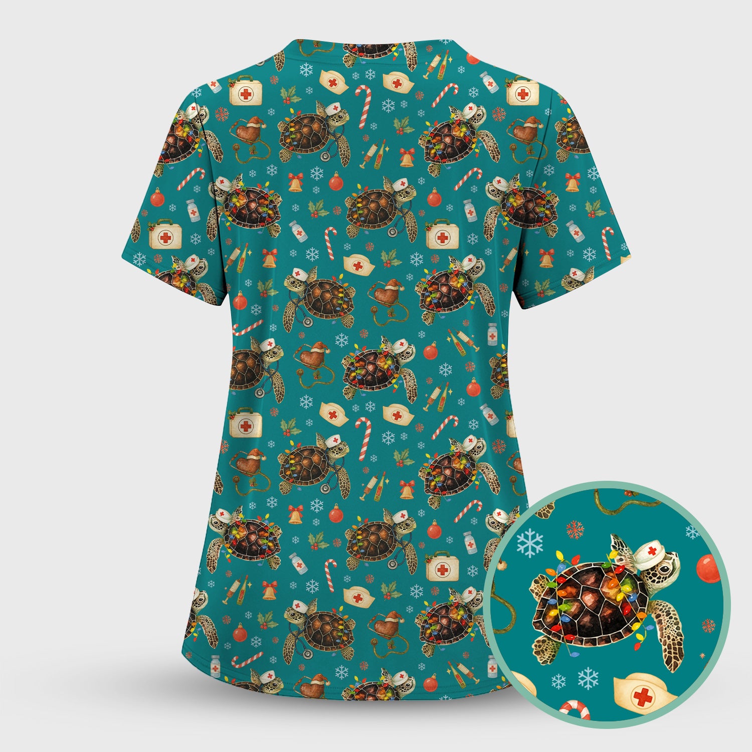 Funny Christmas Scrub Top - Sea Turtle with Xmas Lights Shirt - Holiday Nurse Scrubs for Women