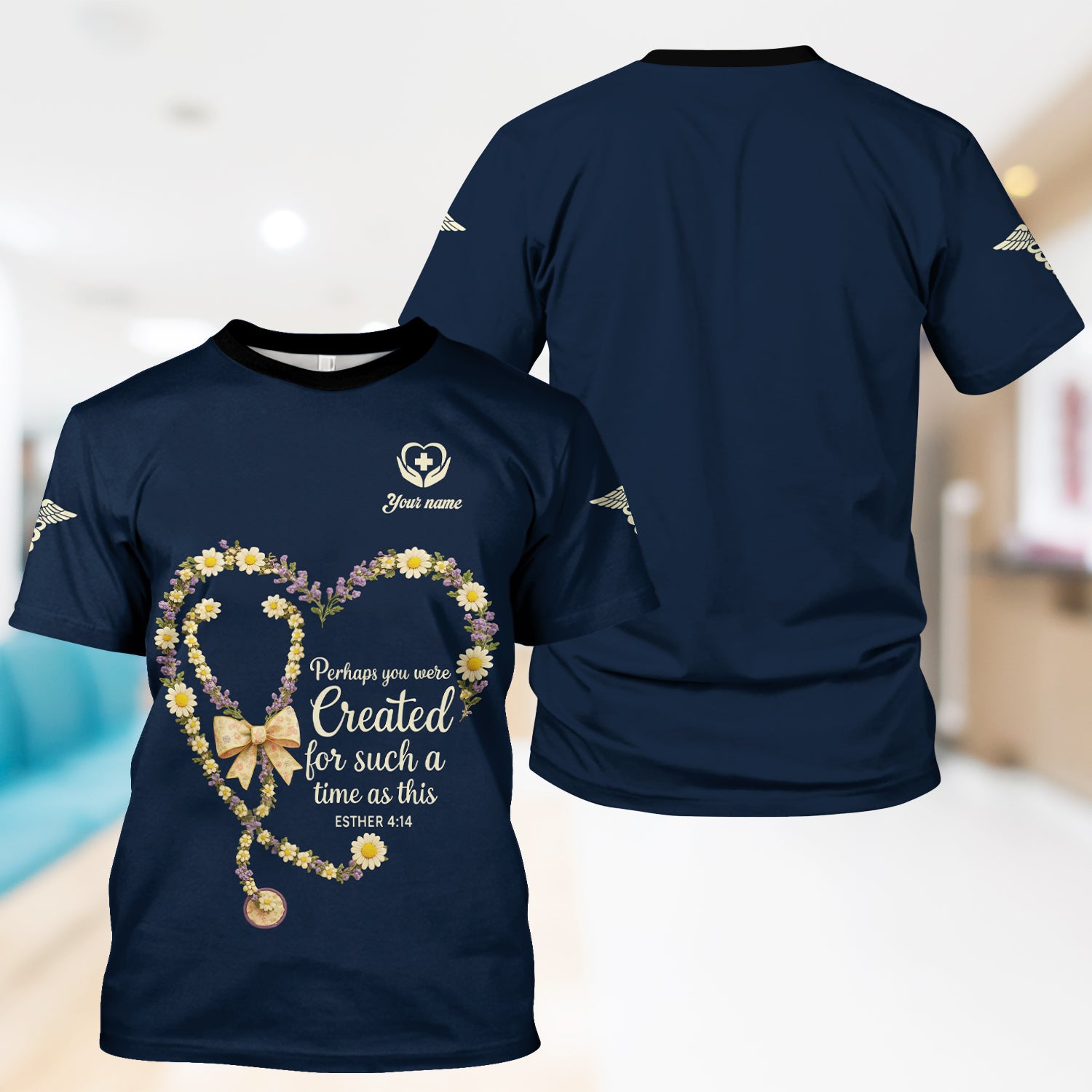 Custom Faith Nurse T-Shirt - Floral Stethoscope Heart & Bible Verse Graphic - Thoughtful Gift for Christian Nurses & Nursing Student