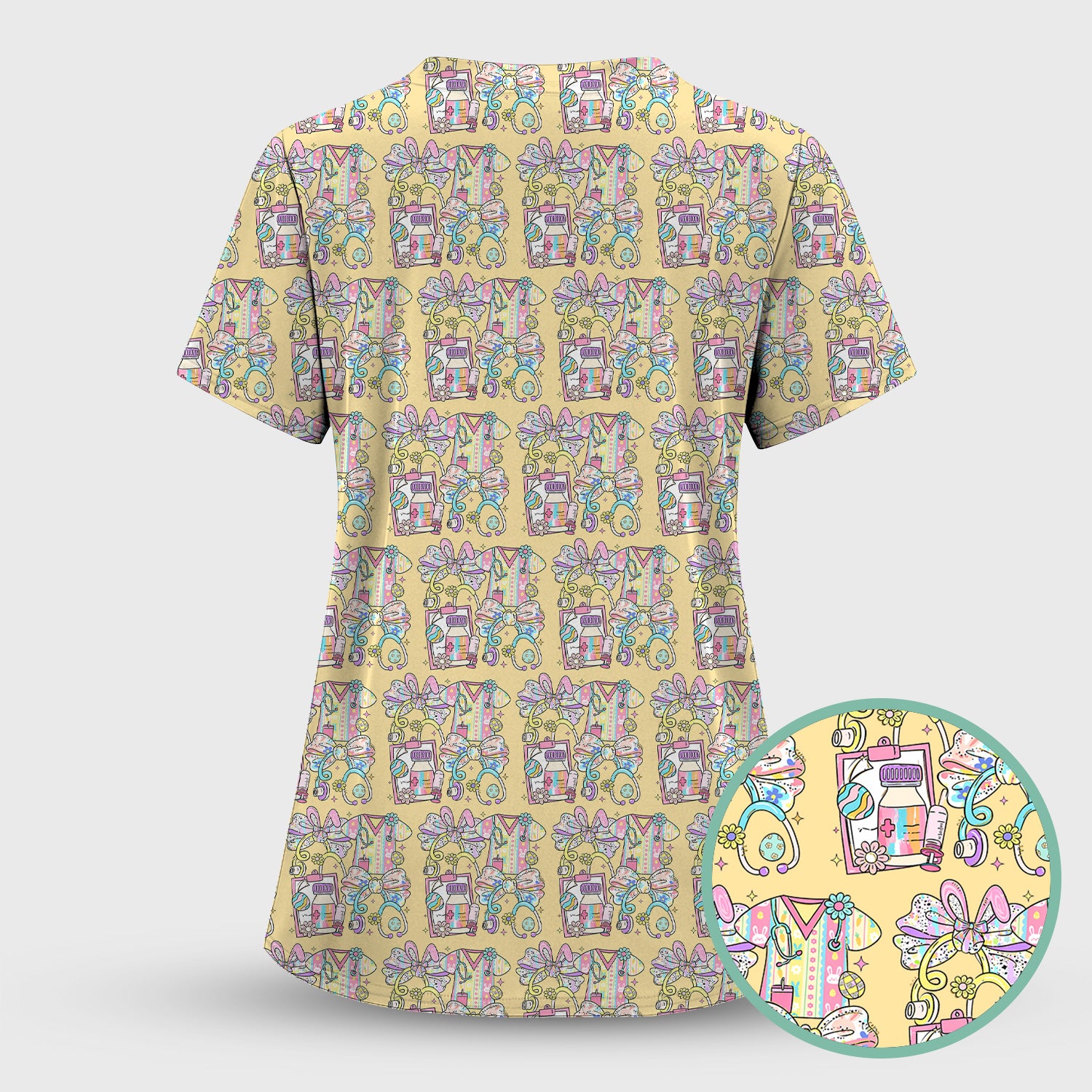 Colorful Nurse Scrub Supplies Pattern Scrub Top, Breathable Fabrics Nursing Uniform