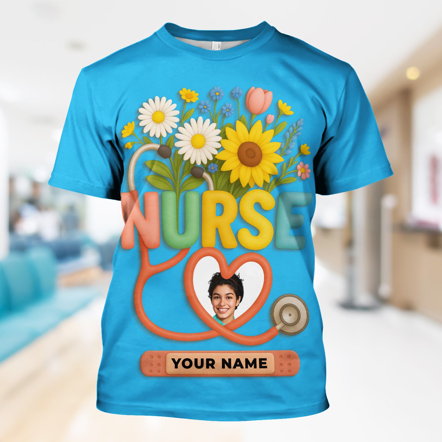 Nurse Appreciation Shirt for CNA RN LPN - Floral Heart Stethoscope Design - Custom Photo & Name Gift for Women Healthcare Workers - Multiple Shirt Colors Available