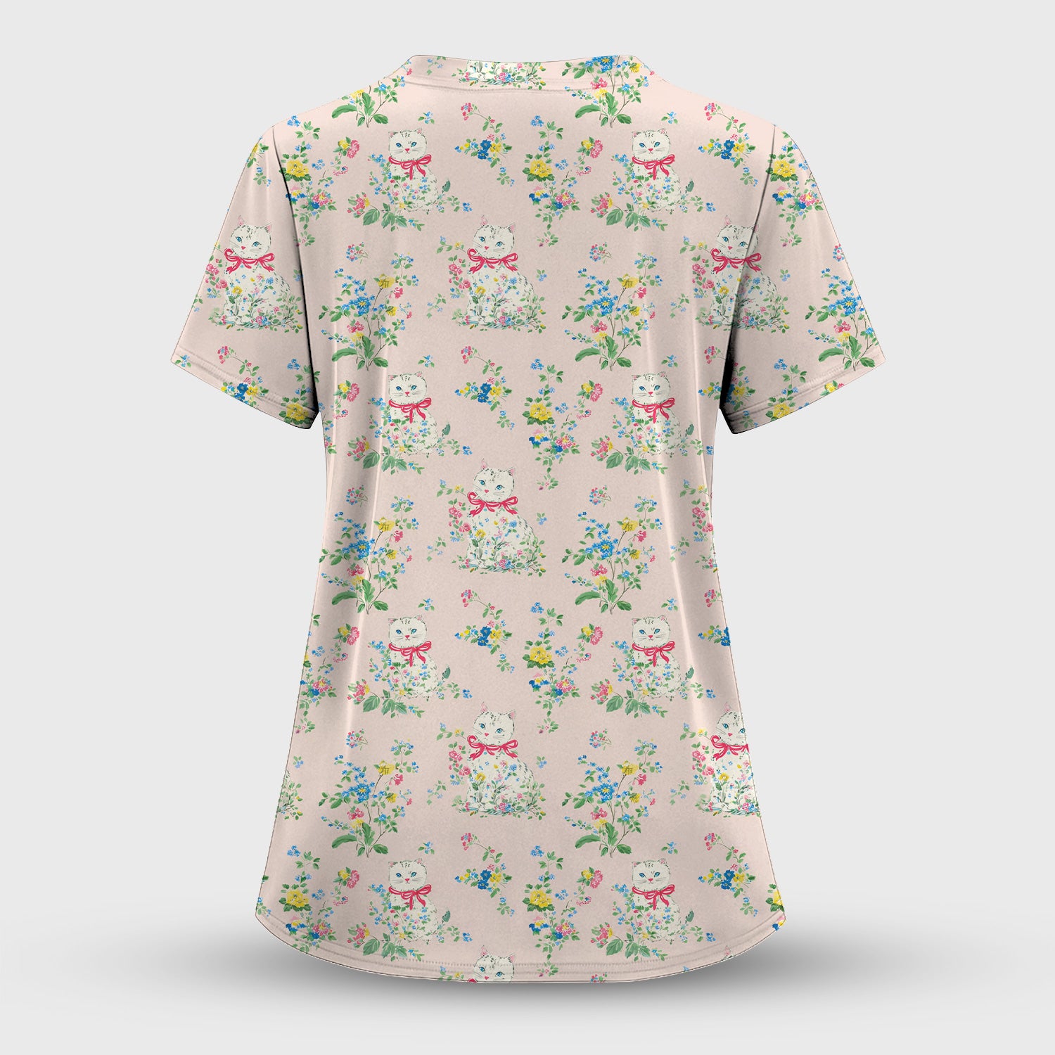 Vintage Floral Cat Print Scrub Top, Comfortable Scrubs for Nurses