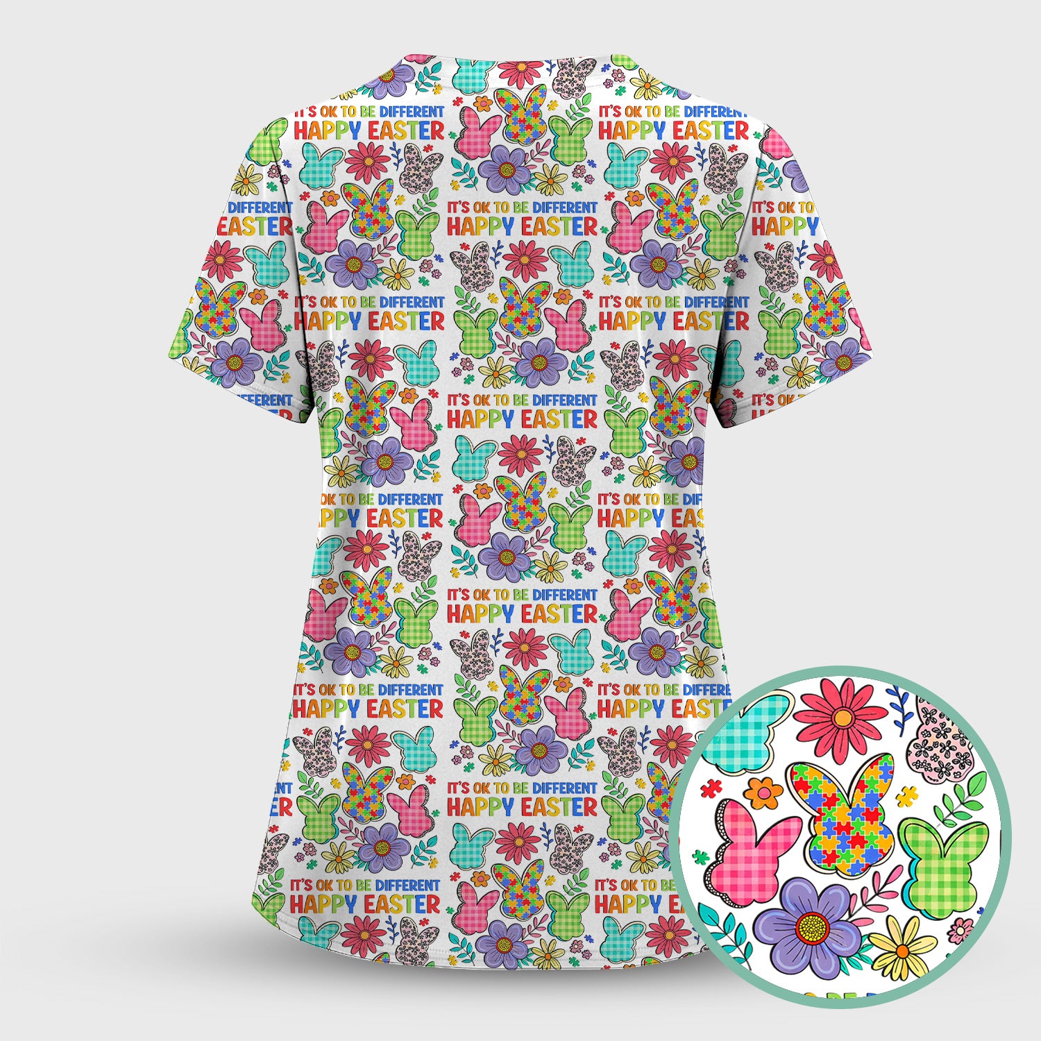 Happy Easter Bunny Floral Print Scrub Top, Breathable Fabrics Nursing Uniform