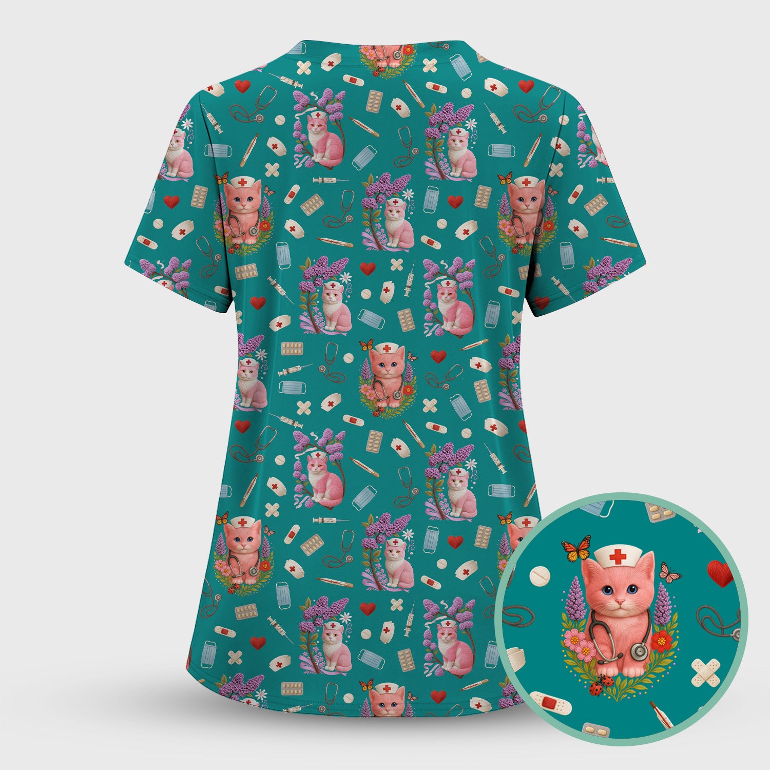 Cute Cat Pattern Nurse Scrub Set - Pink Medical Scrubs for Women - Adorable Kitty Print Gift for RN LPN CNA Healthcare Staff