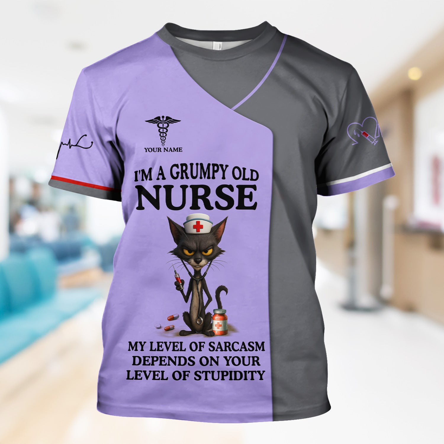 Sarcastic Grumpy Old Nurse Shirt - Black Cat Humo & Caduceus Symbol Design - Personalized Gift for RN LPN CNA Healthcare Workers