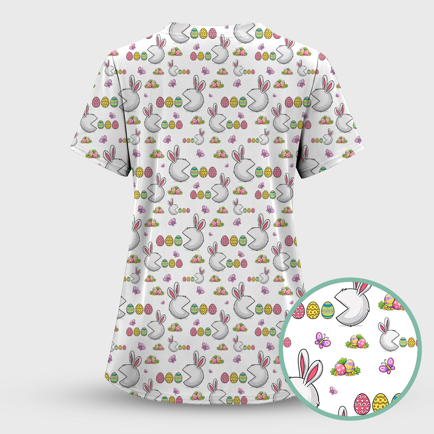 Easter Bunny and Colorful Eggs Print Scrub Top, Breathable Fabrics Nursing Uniform