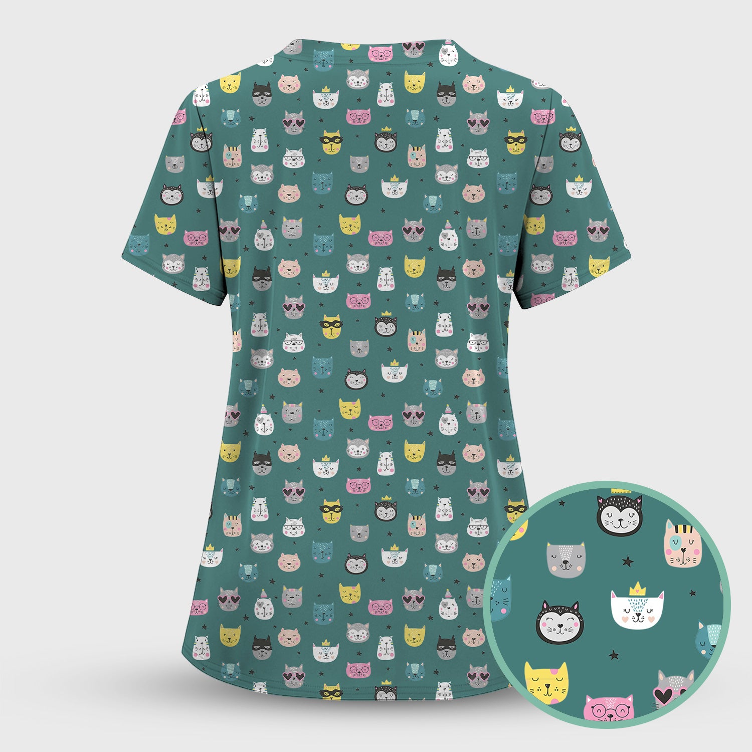Cute Colorful Cat Pattern Scrub Top, Comfortable Scrubs for Nurses