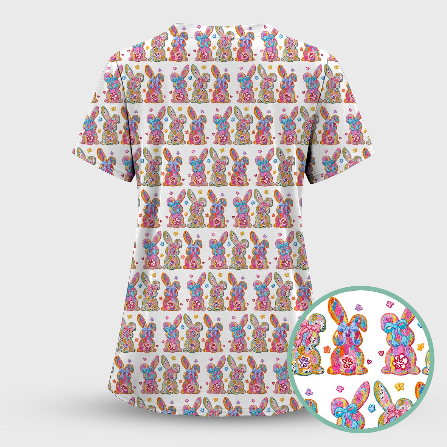 Cute Pastel Bunny Floral Pattern Scrub Top, Comfortable Scrubs for Nurses, Easter