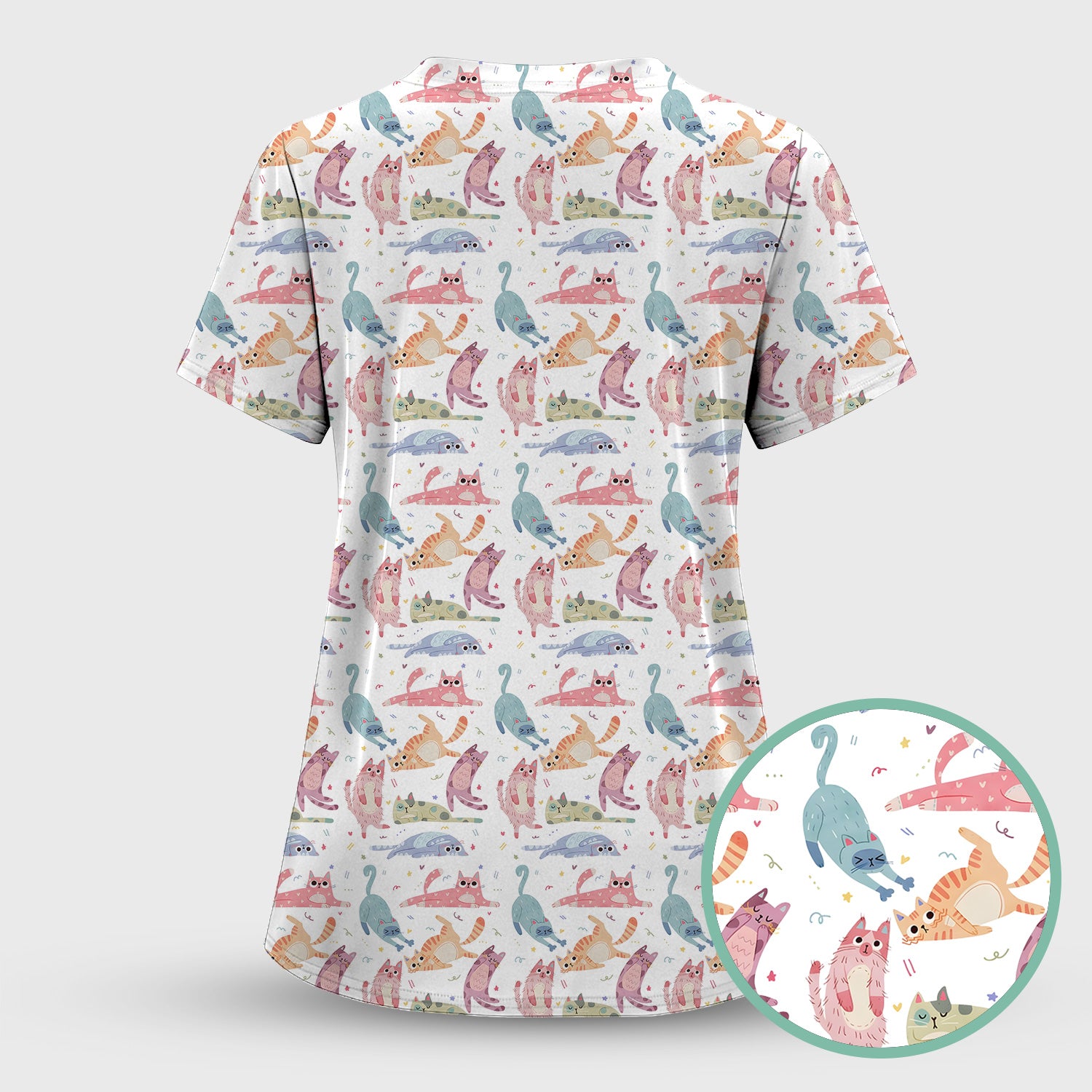 Funny Pastel Cat Pattern Medical Scrub Top, Breathable Fabrics Nursing Uniform