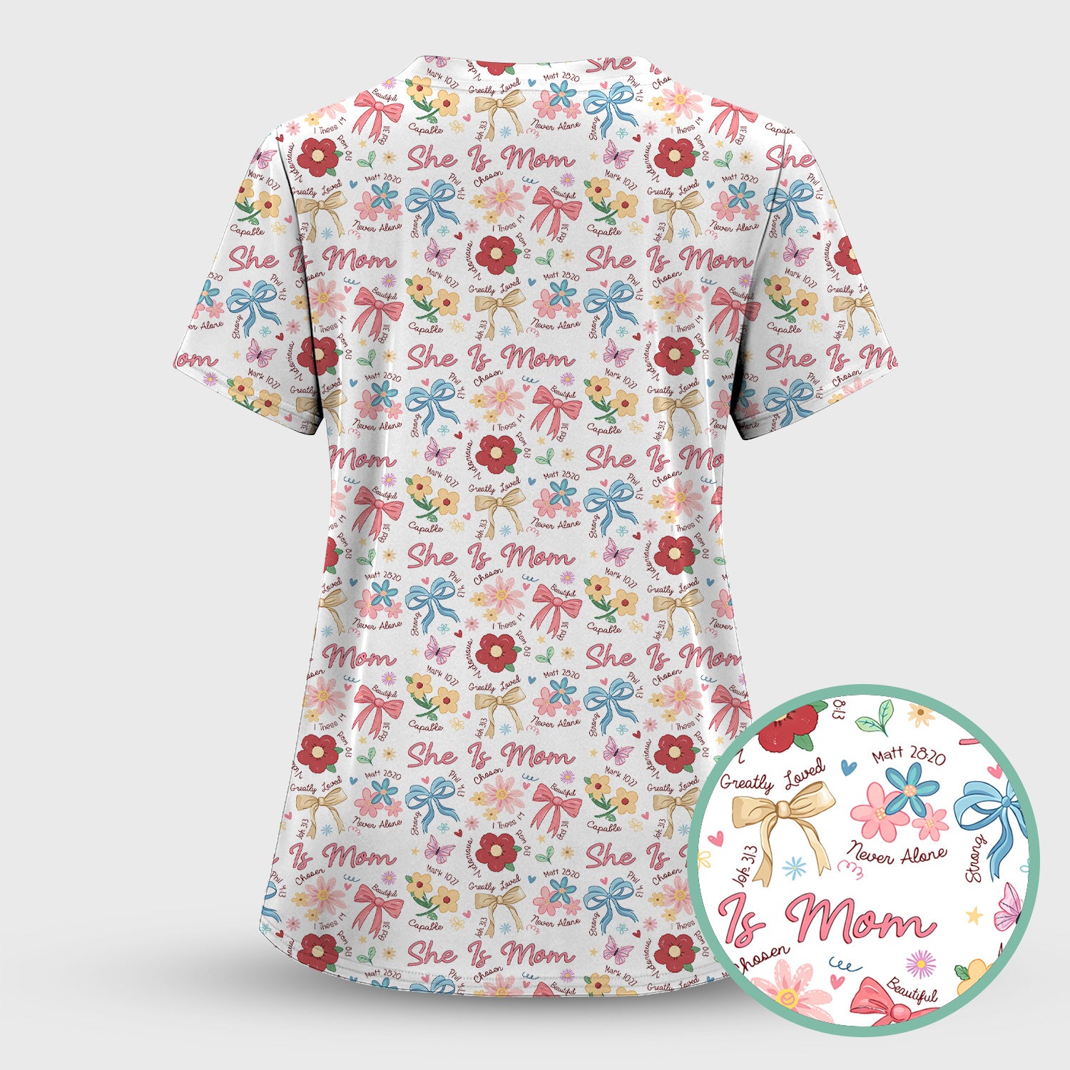 She Is Mom Floral Bow Pattern Scrub Top, Comfortable Scrubs for Nurses