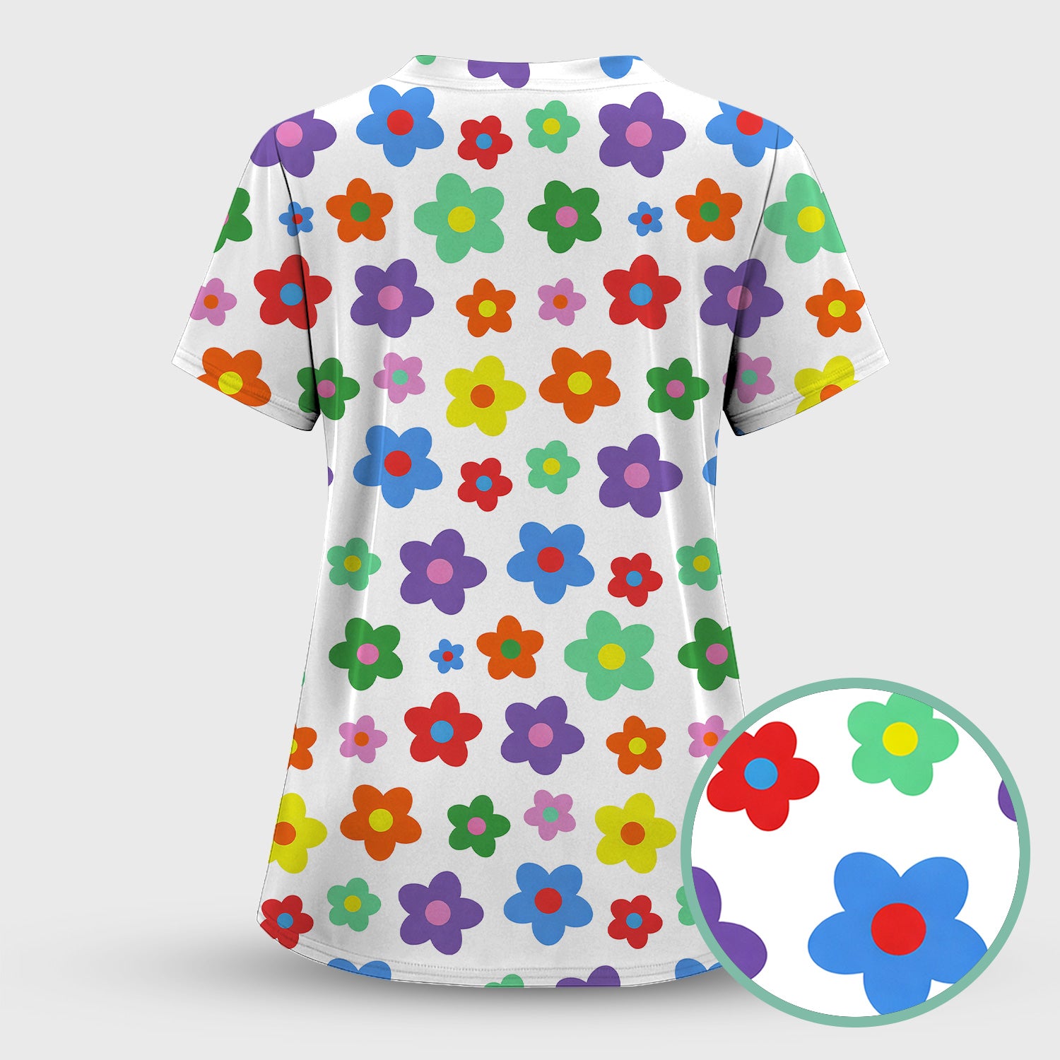 Colorful Retro Flower Pattern Print Scrub Top, Breathable Fabrics Nursing Uniform