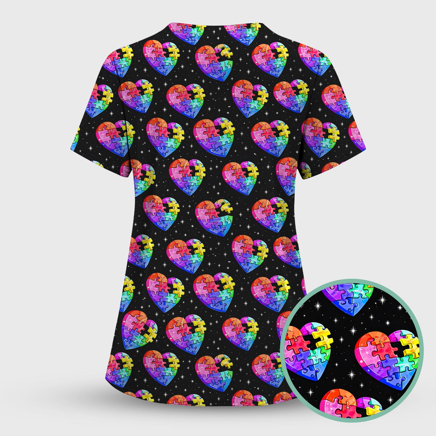 Rainbow Autism Puzzle Heart Pattern Scrub Top, Starry Sky Medical Uniform for Nurses