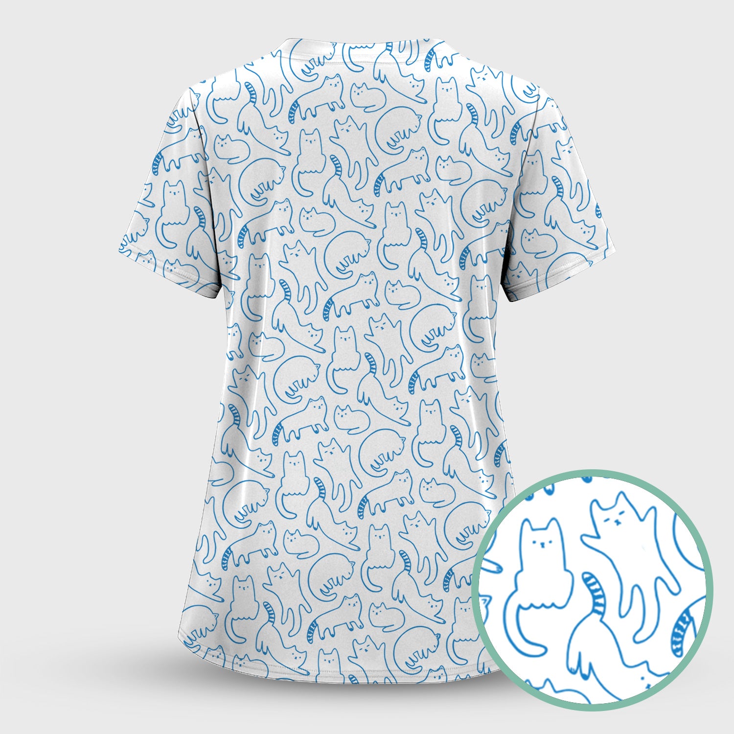 Artistic Cat Pattern Medical Scrub Top, Breathable Fabrics Nursing Uniform