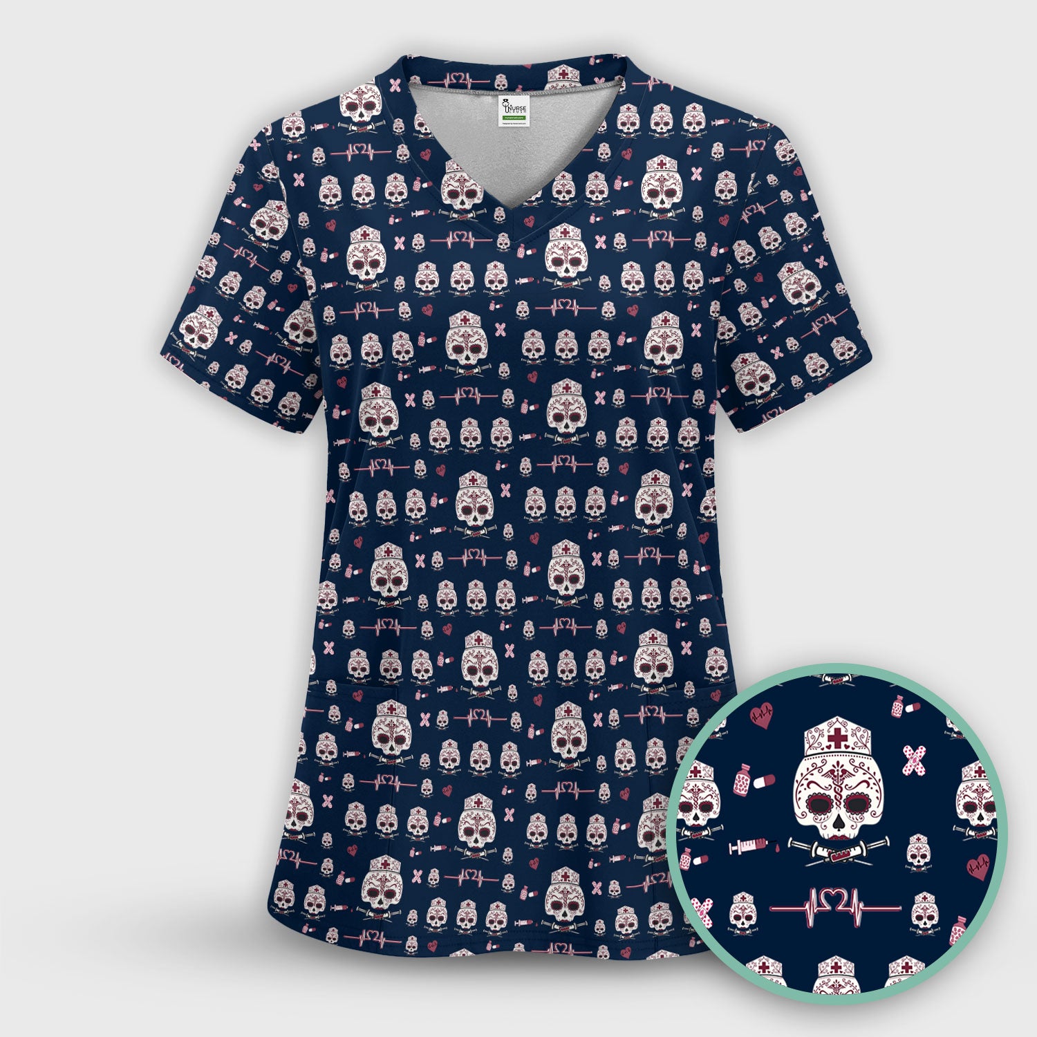 Sugar Skull Scrub Top, Skull Pattern Scrub Shirt, Breathable Fabrics Nursing Uniform