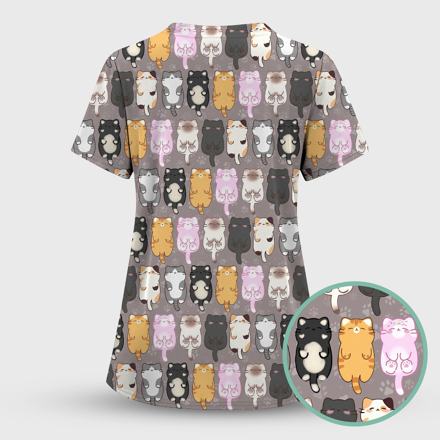 Funny Cartoon Cats All Over Print Scrubs Top, Comfortable Scrubs for Nurses