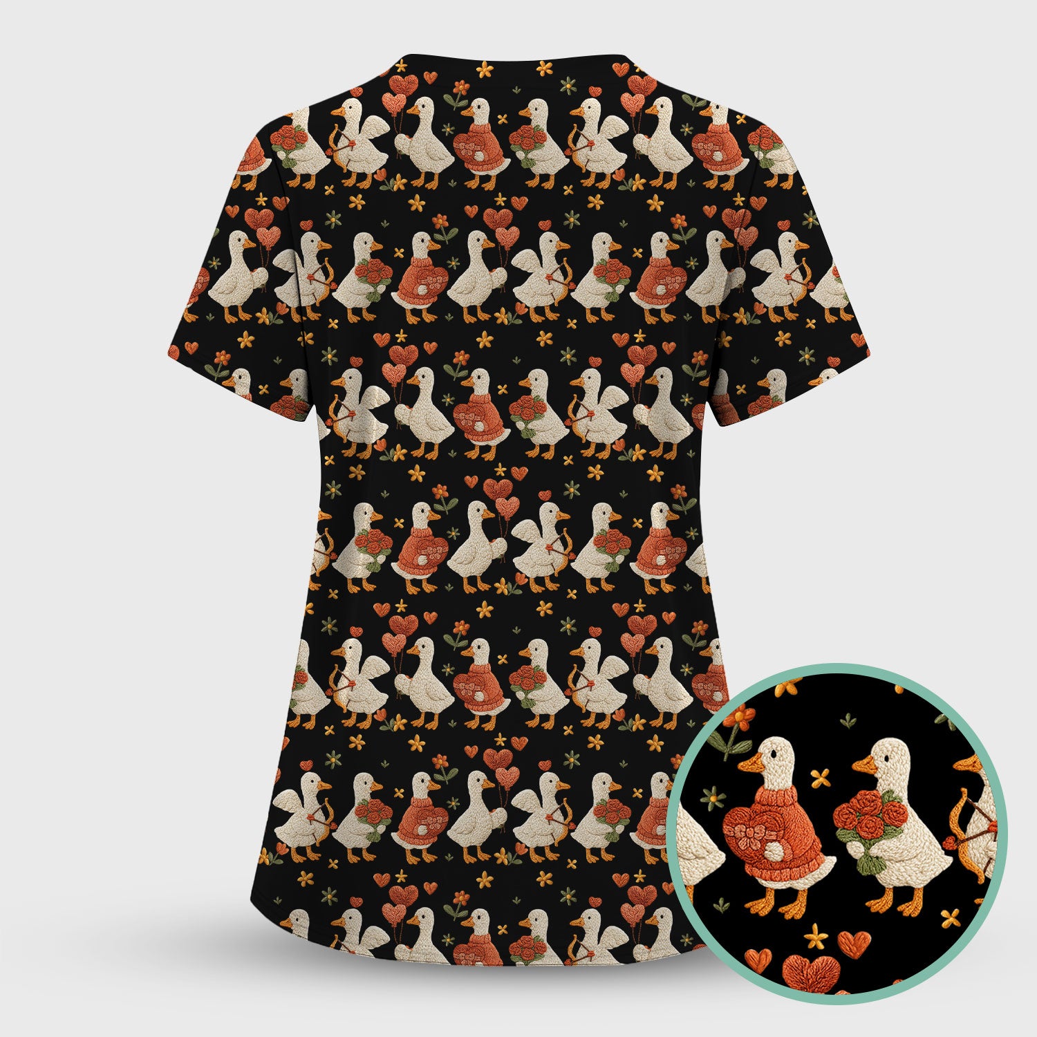 Cute Goose Nurse Scrub Top, Valentine Farm Medical Pattern Shirt, Breathable Fabrics Nursing Uniform