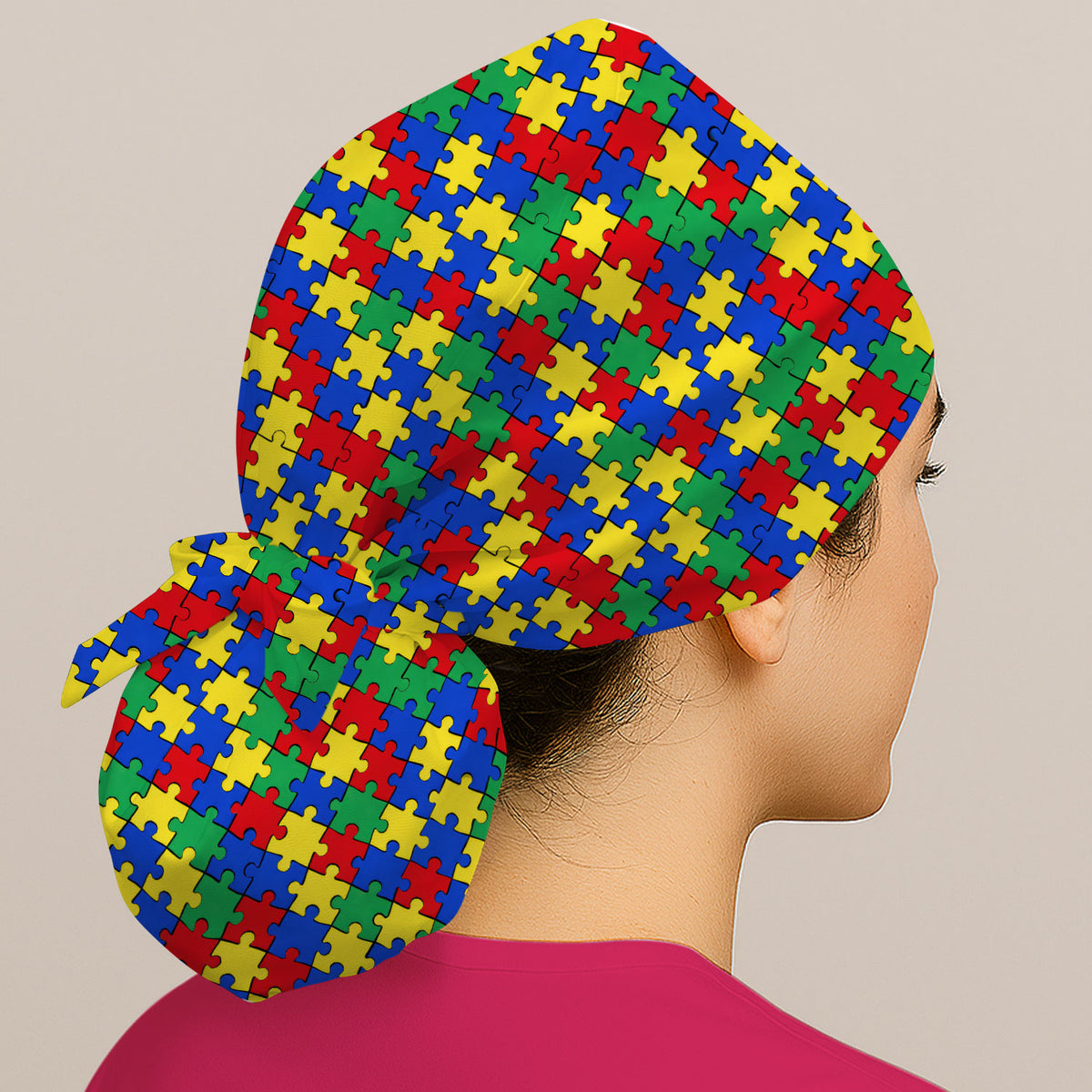 Autism Awareness Puzzle Pattern Cap, Bouffant Scrub Caps for Women