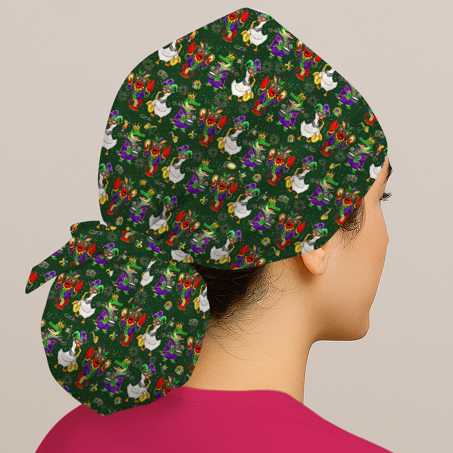 Crawfish And Duck Carnival Scrub Cap, Mardi Gras Parade Pattern Nurse Hat, Breathable Fabrics Nursing Uniform