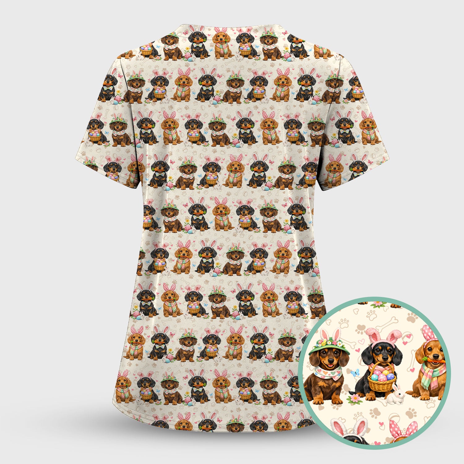 Cute Easter Dachshund Dog Bunny Print Scrub Top, Breathable Fabrics Nursing Uniform