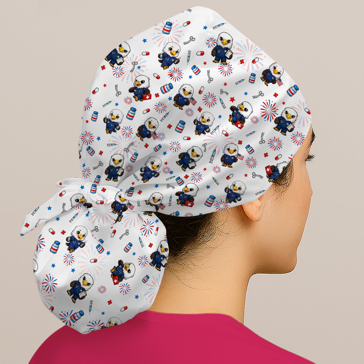 Patriotic Nurse Eagle Fireworks Medical Pattern Cap, Bouffant Scrub Caps for Women
