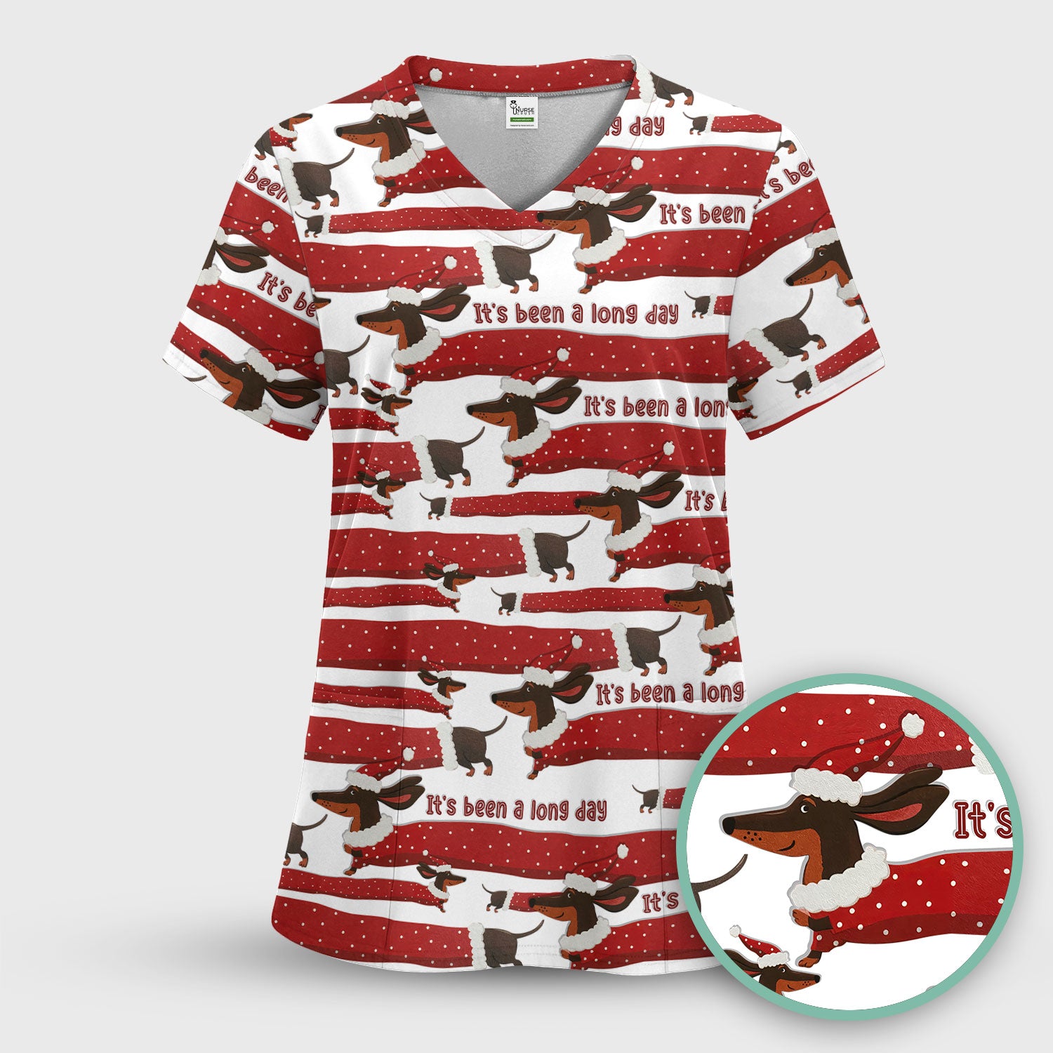 Funny Dachshund Christmas Scrub Top - It's Been a Long Day Shirt - Cute Wiener Dog Holiday Medical Uniform for Women