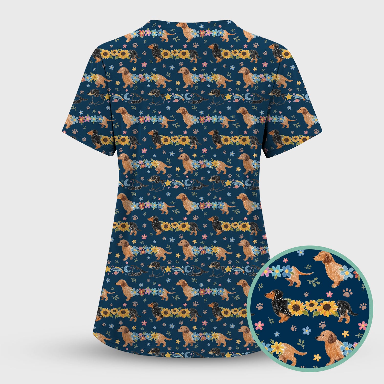 Floral Wiener Dog Pattern Scrub Set, Scrub Pants and V Neck Top