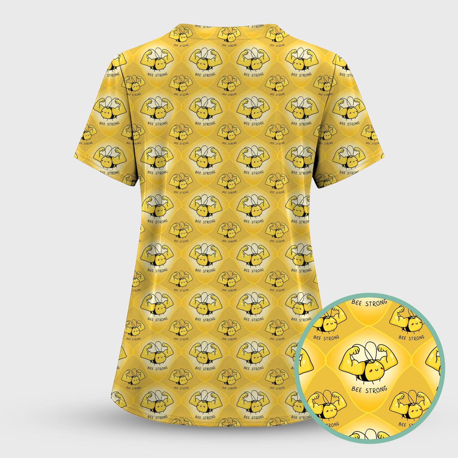 Bee Strong Honey Bee Pattern Scrub Set, Scrub Pants and V Neck Top