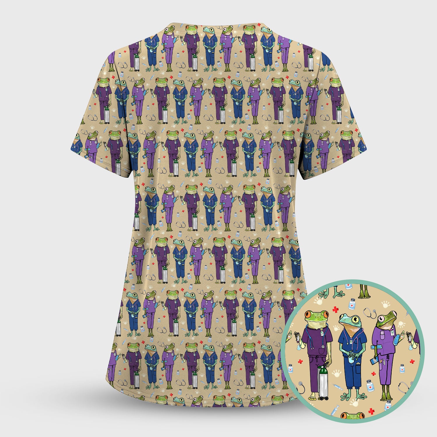 Funny Frog Nurse Pattern Scrub Set, Scrub Pants and V Neck Top