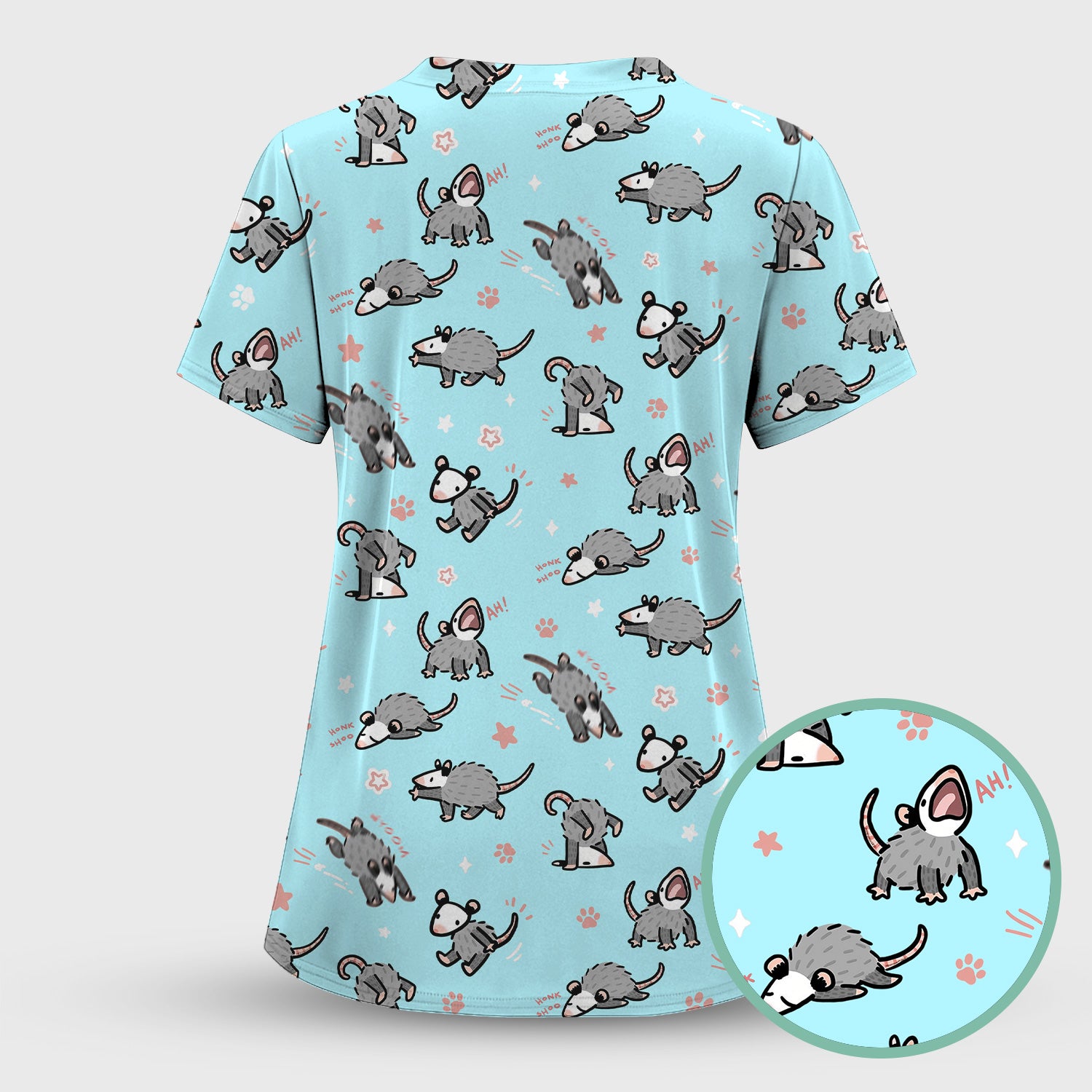 Playful Cartoon Opossum Character Pattern Scrub Top, Breathable Fabrics Nursing Uniform