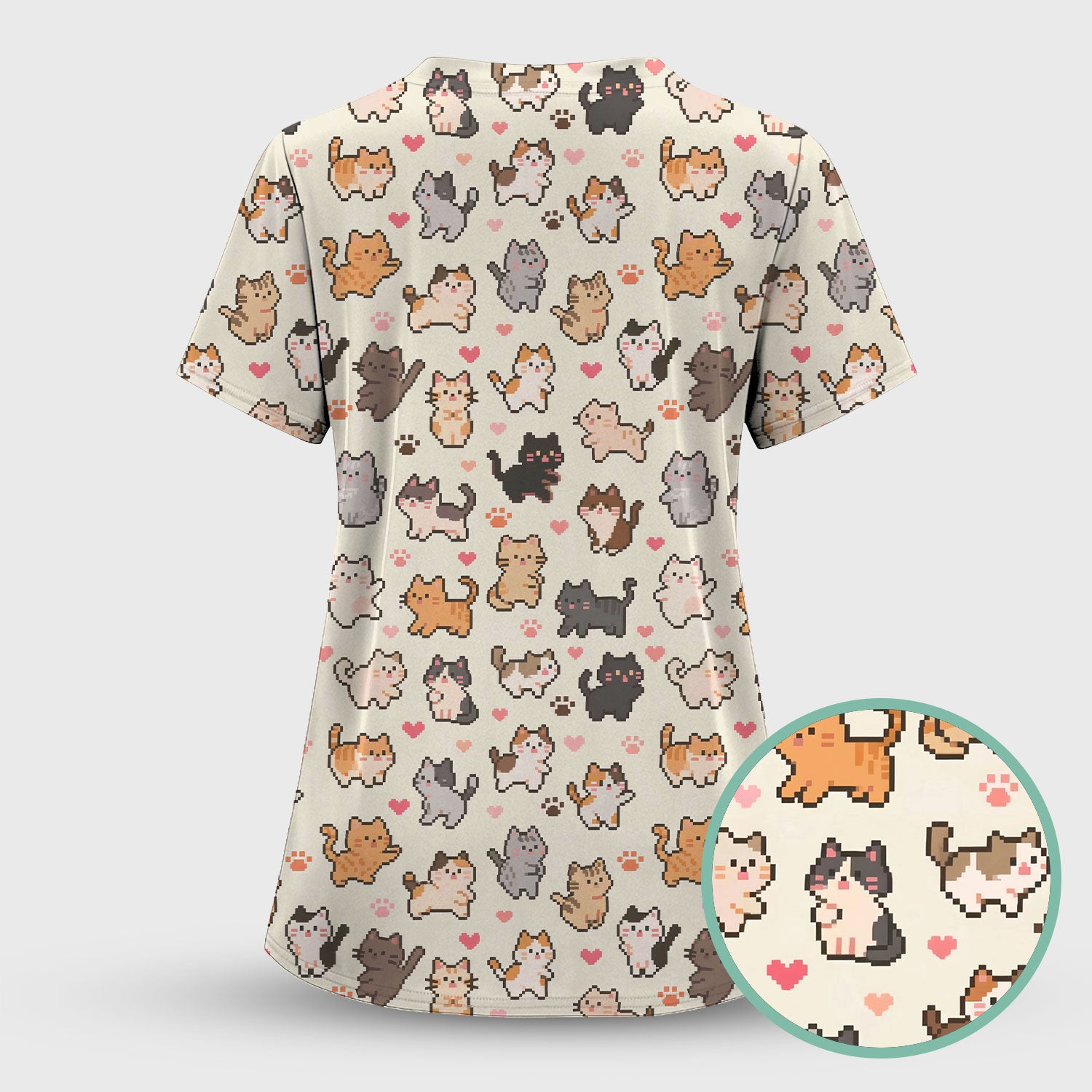 Cute Pixel Cat Heart Paw Pattern Scrub Top, Breathable Fabrics Nursing Uniform