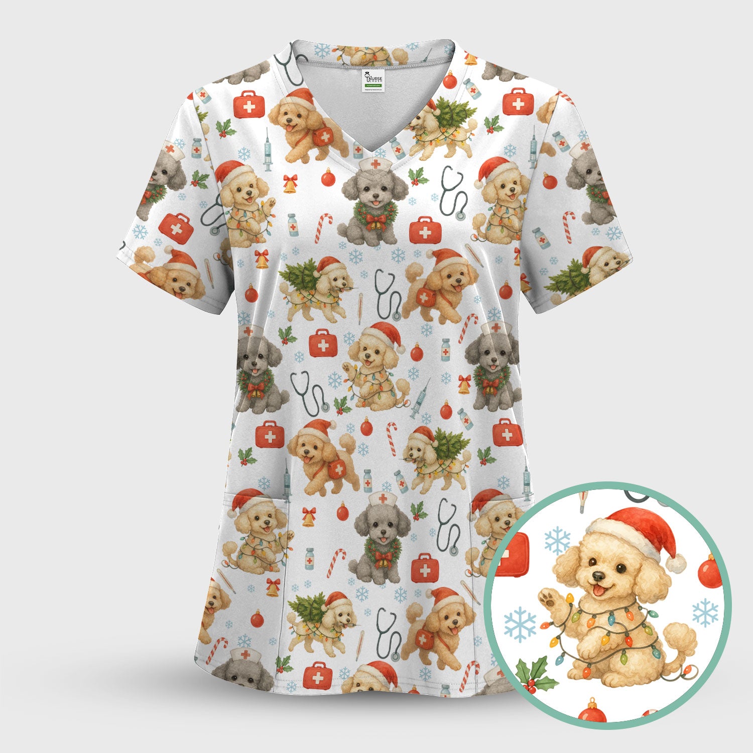 Cute Christmas Dog Scrub Top - Puppy Nurse Shirt Santa Hat Print - Holiday Medical Scrubs Gift for Women CNA RN Doctor