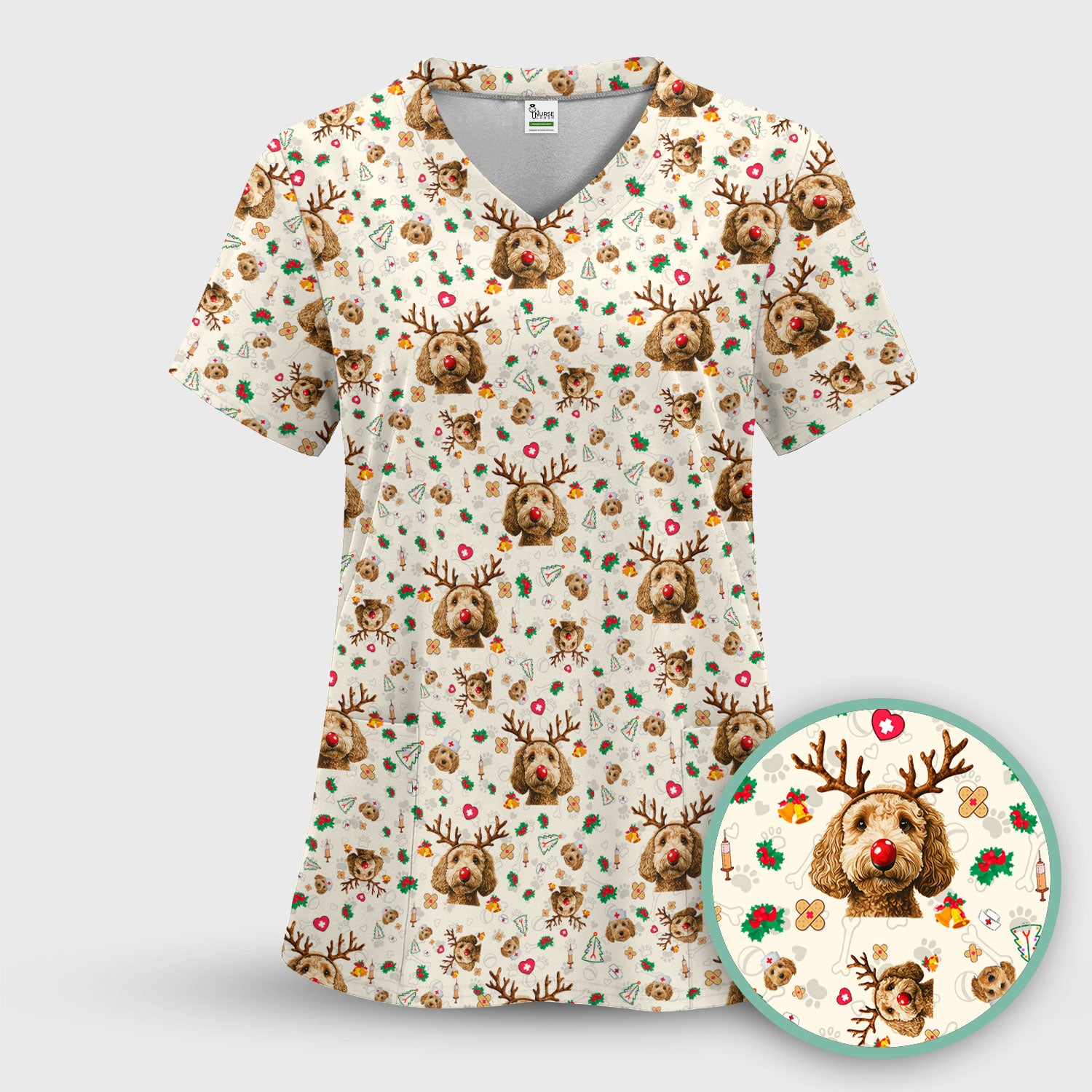 Labradoodle Reindeer Christmas Scrub Top - Funny Dog Nurse Shirt - Cute Holiday Medical Uniform for Women RN LPN CNA Gift