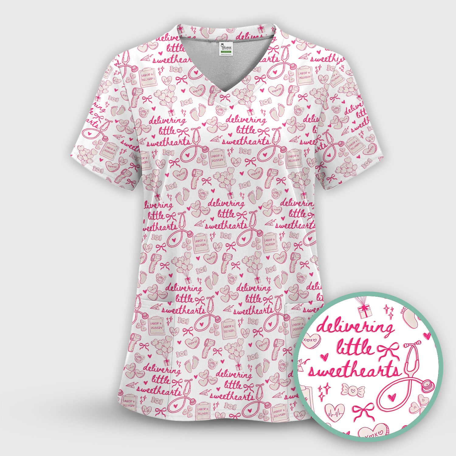 Valentine Labor And Delivery Scrub Top, XOXO Pattern Scrub Shirt, Breathable Fabrics Nursing Uniform For Women