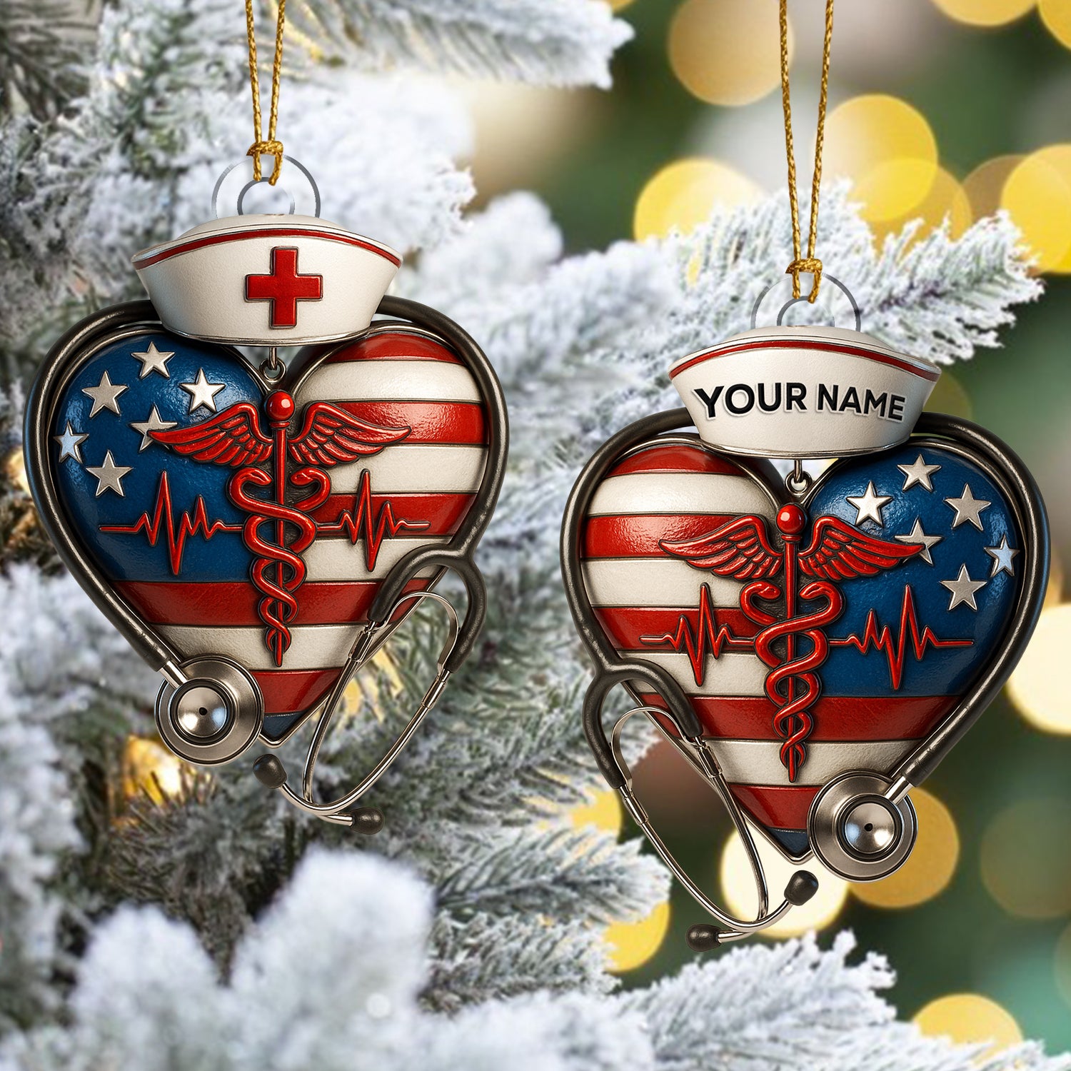 Personalized Nurse Heart Ornament, Custom Name USA Flag Medical Ornament, Healthcare Worker Christmas Tree Decor, Nurse & Doctor Holiday Gift