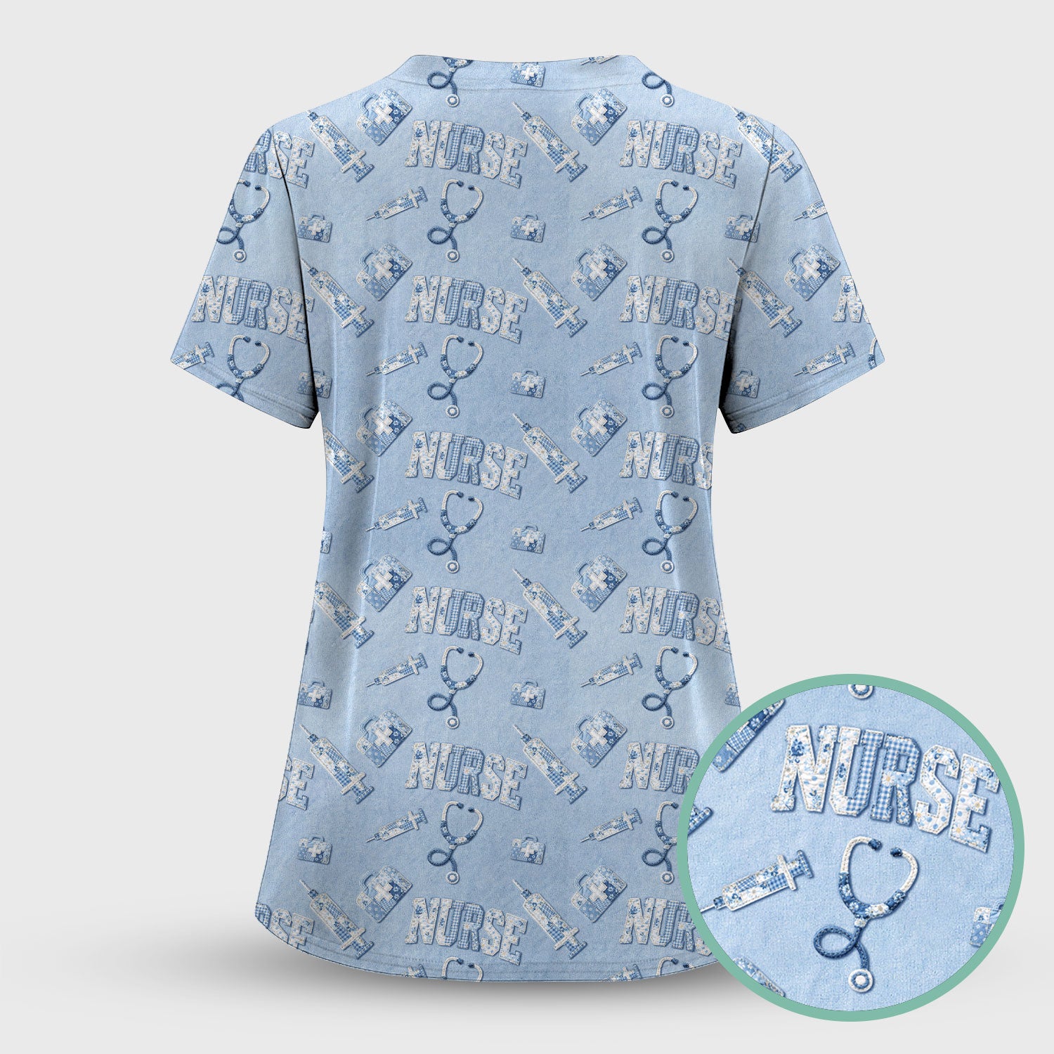 Blue Nurse Medical Pattern Scrub Set, Scrub Pants and V Neck Top