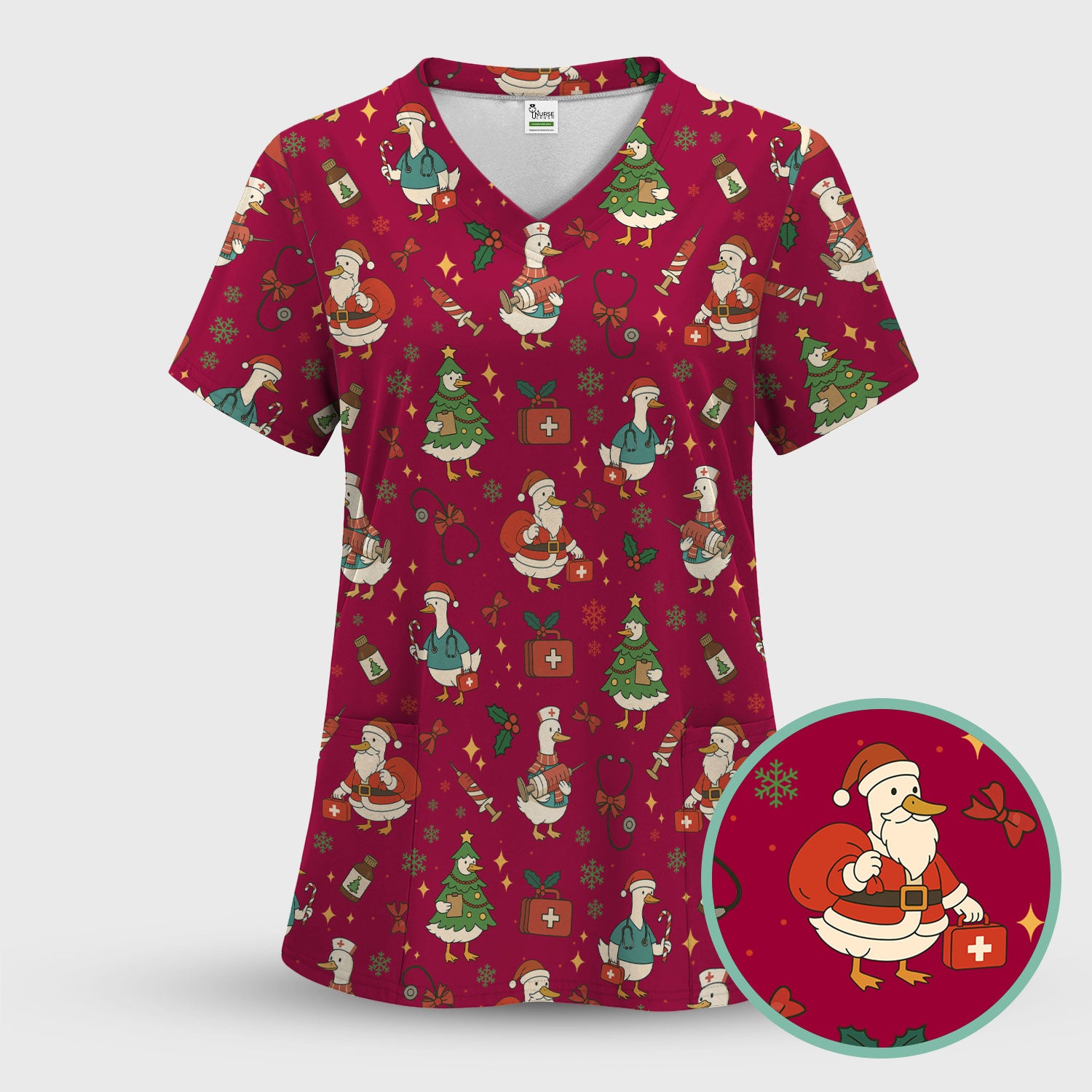 Christmas Duck Nurse Scrub Top for Women - Cute Santa Claus Pattern - Funny Holiday Nursing Shirt Gift for RN LPN CNA