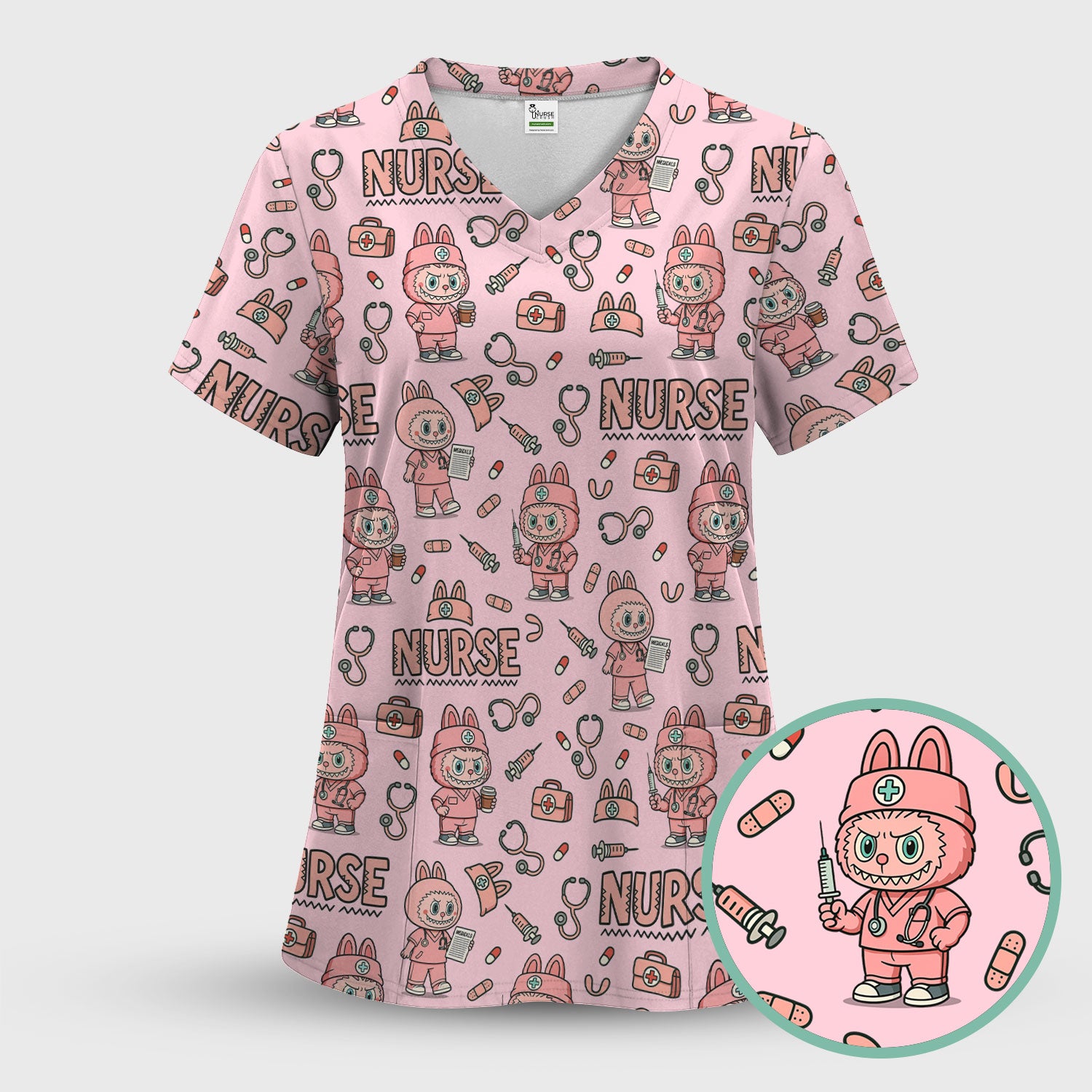 Cute Nurse Scrub Top for Women - Bunny Cartoon Medical Shirt - Fun Nurse Appreciation Gift for CNA RN Doctor