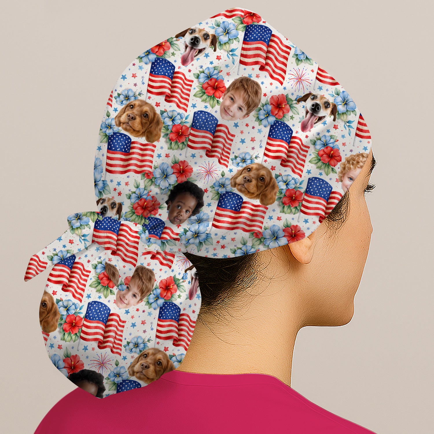 Custom Photo Patriotic Kids & Pet Faces Flag Nurse Scrub Cap, Surgical Caps for Doctors
