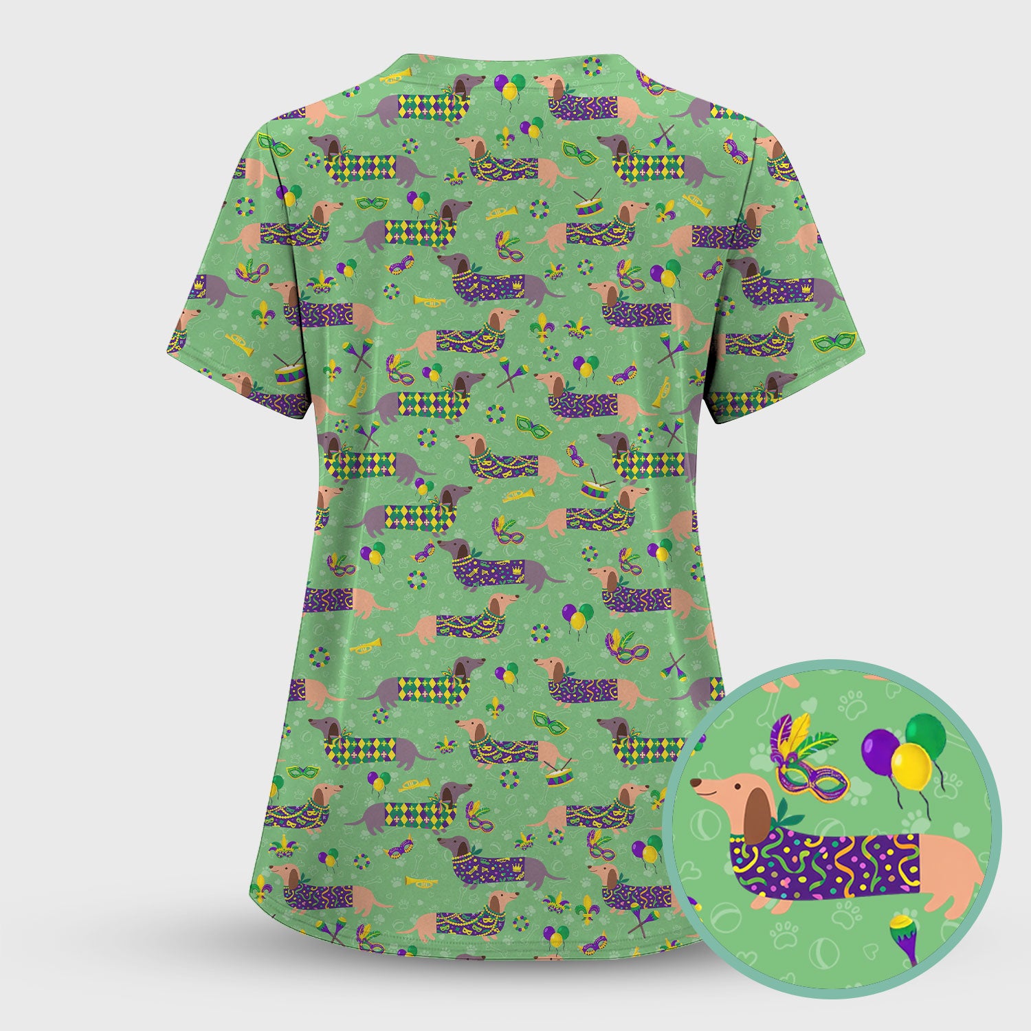 Mardi Gras Dachshund Nurse Scrub Set, Wiener Dog Holiday Pattern Nurses Shirt, Comfortable Uniform Scrubs For Nursing