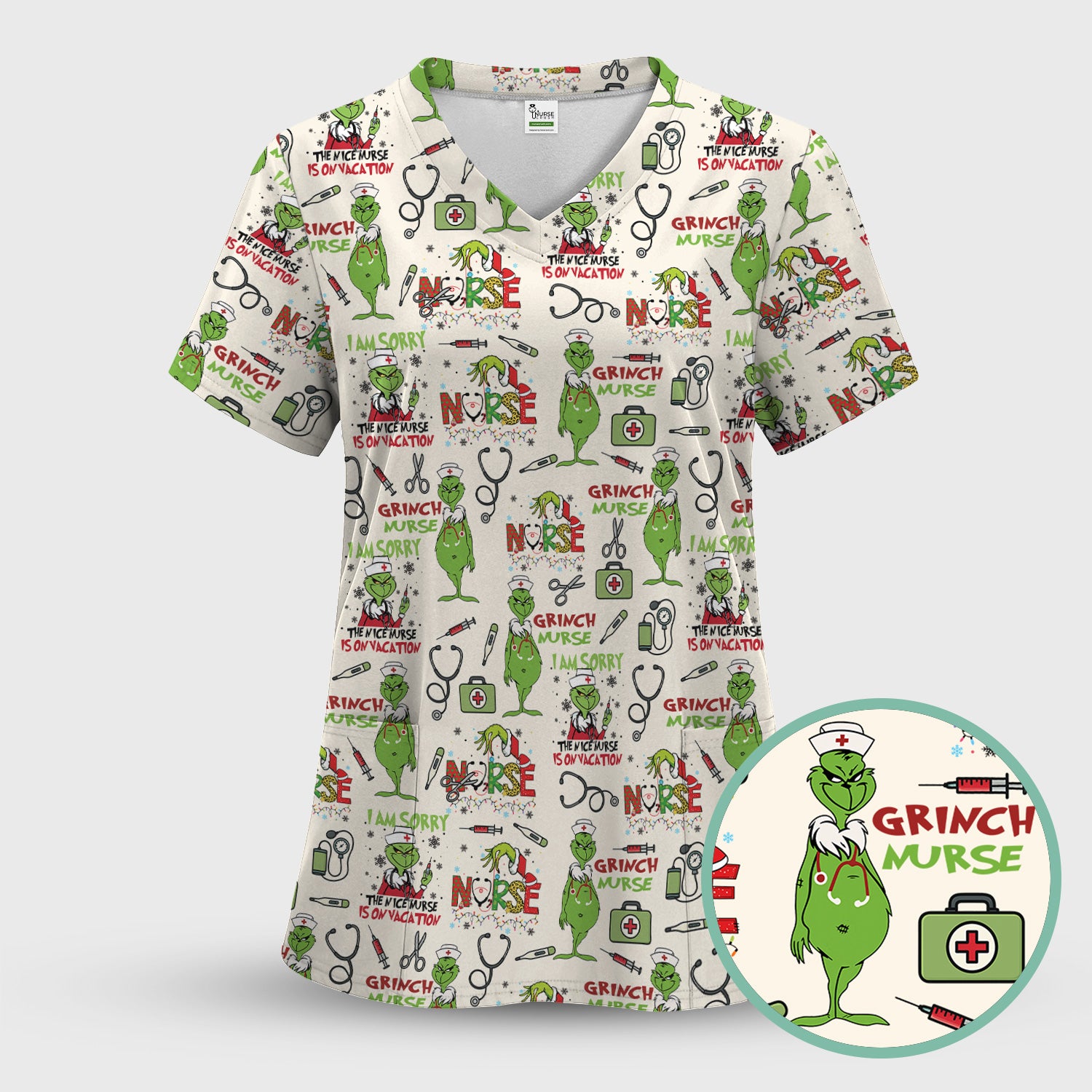 Personalized Funny Grinch Nurse Scrub Top - Christmas Medical Uniform for Nurse - Holiday RN LPN CNA Gift