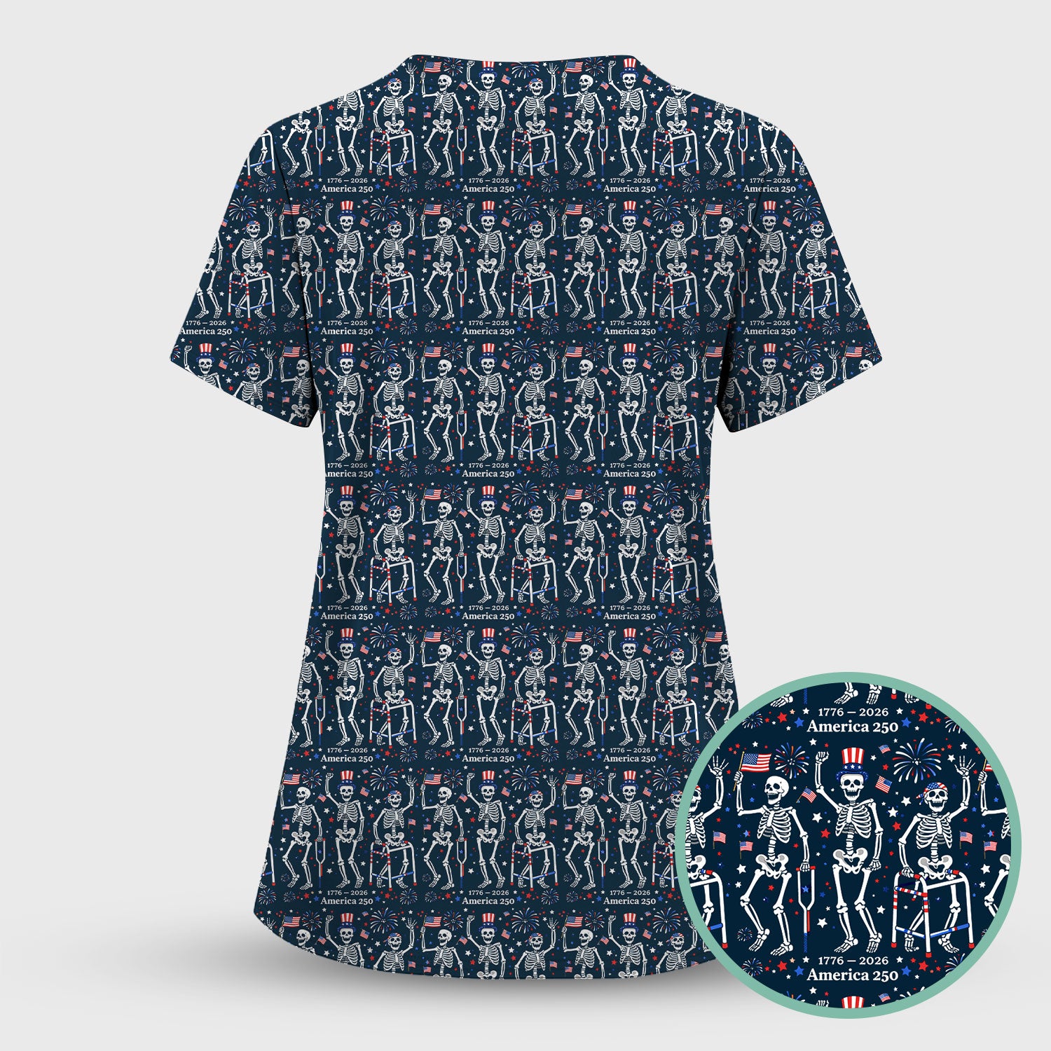 Festive Patriotic Skeleton America 250 Pattern Scrub Set, Scrub Pants and V Neck Top