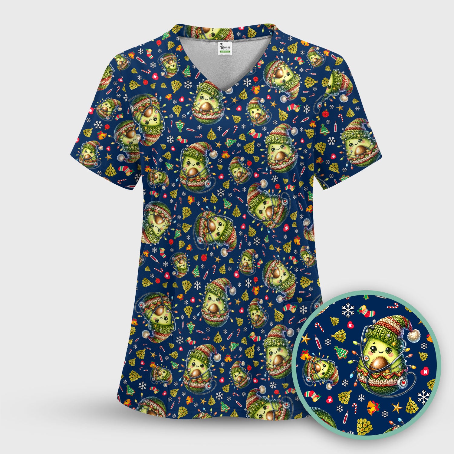 Avocado Scrub Top for Nurse - Funny Christmas Nursing Shirt - Cute Holiday Medical Uniform for Women RN LPN CNA