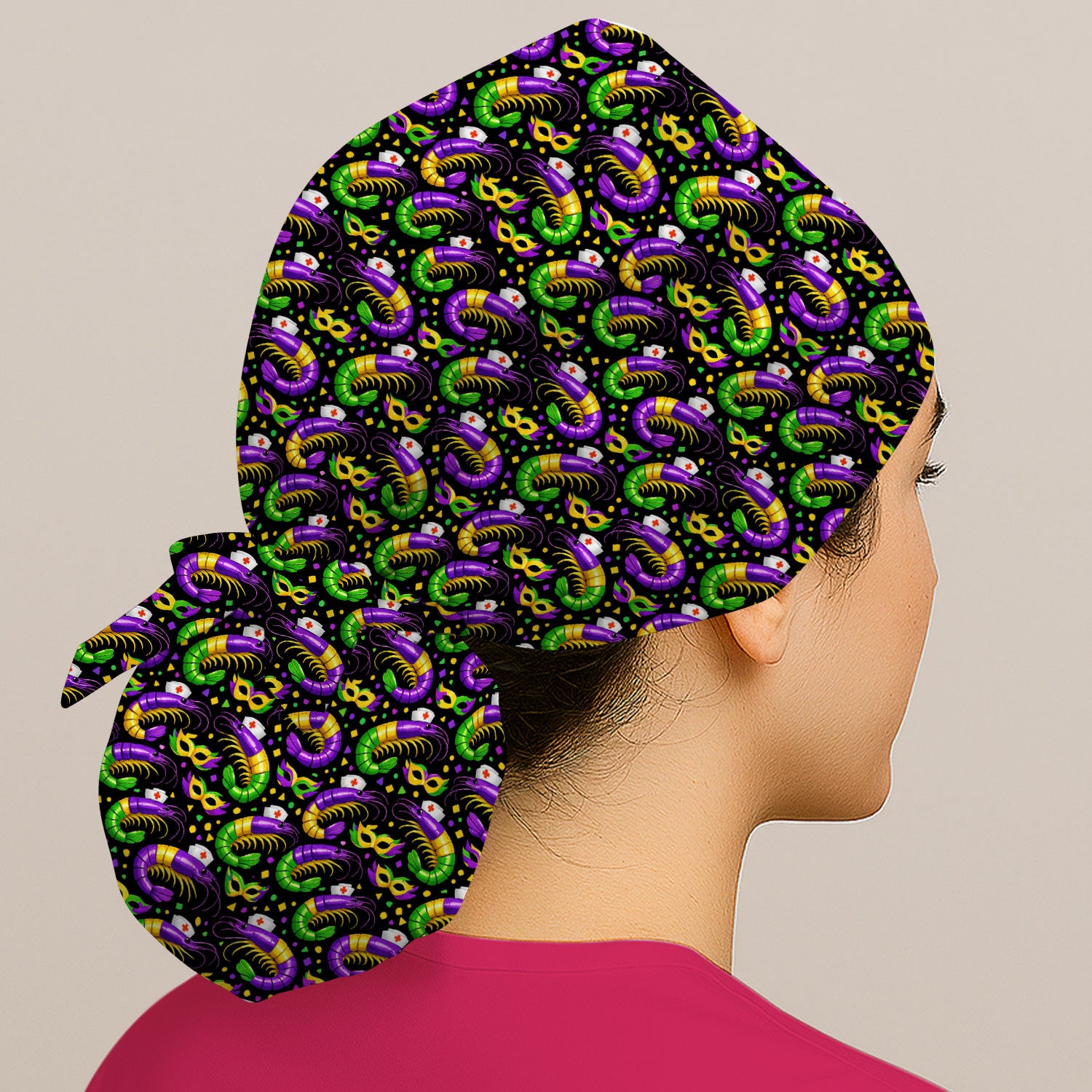 Mardi Gras Pattern Scrub Cap, Crawfish Carnival Medical Nurse Scrub Hat, Breathable Fabrics Nursing Uniform