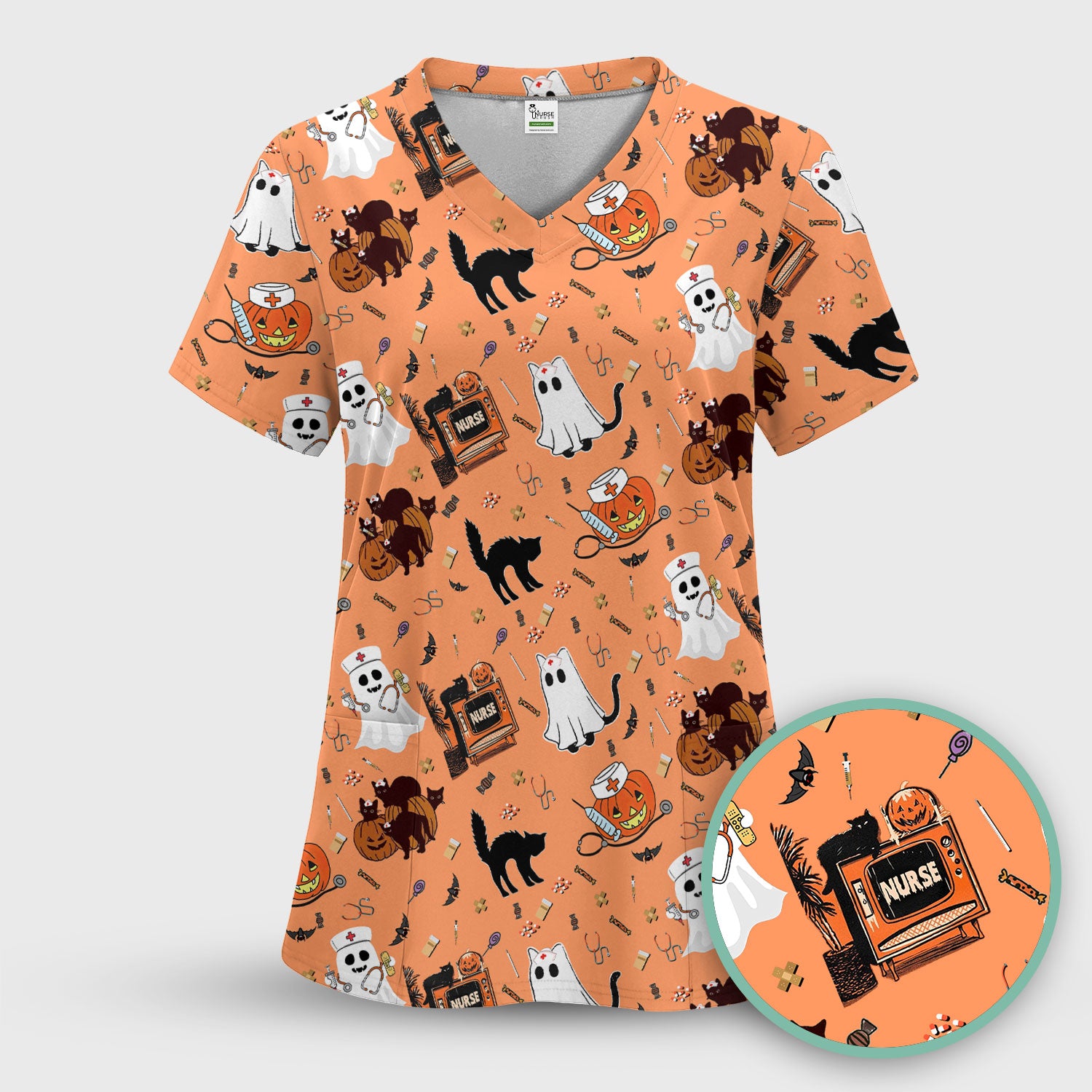 Halloween Scrub Top for Nurse - Cute Pumpkin Ghost Cat Medical Shirt - Spooky Scrubs for Women RN CNA LPN