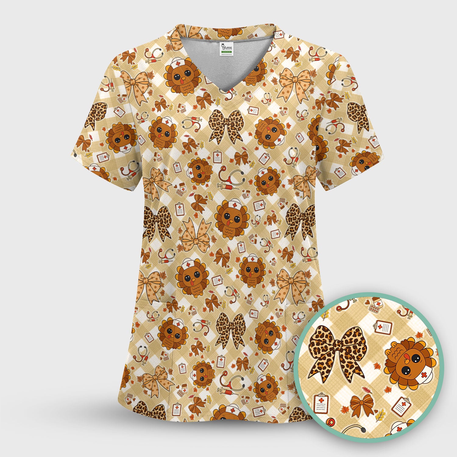 Thanksgiving Turkey Scrub Top for Nurses - Cute Fall Leaves and Bow Shirt - Funny Autumn Nursing Gift for Women RN LPN CNA